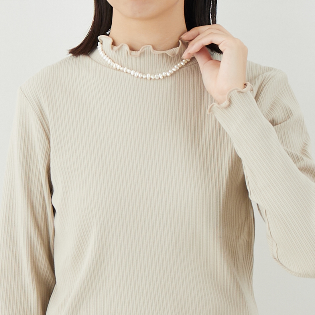 Jf Ready Made [ジェイエフレディメイド] ランダムテレコメローハイネックTシャツ [3104107] 714 ｸﾞﾚｰﾍﾞ &&モデル身長：162cm 着用サイズ：F&&