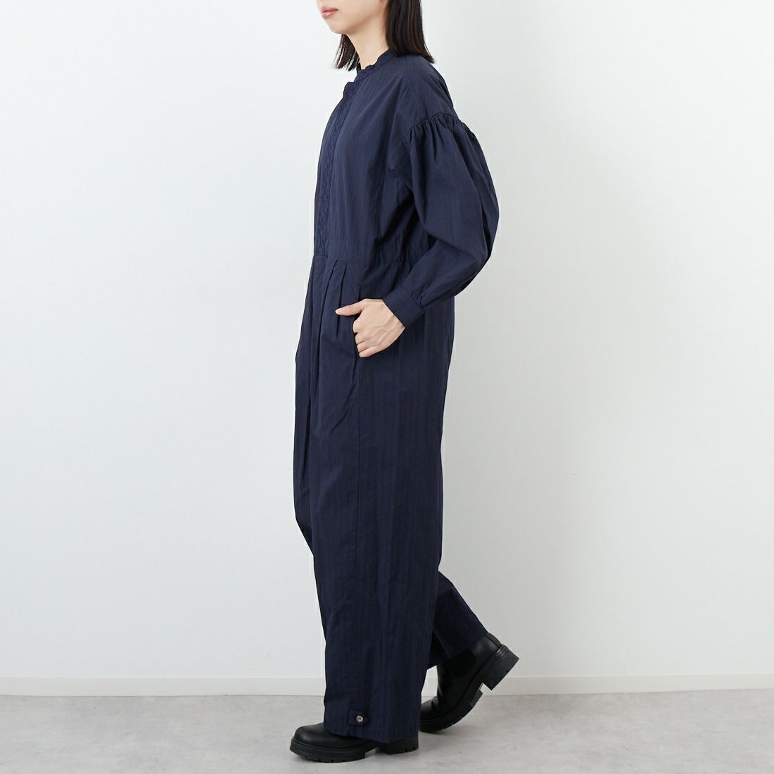 ne Quittez pas [ヌキテパ] ポプリンドビーストライプオールインワン [010852FD2] 79 NAVY &&モデル身長：162cm 着用サイズ：S&&