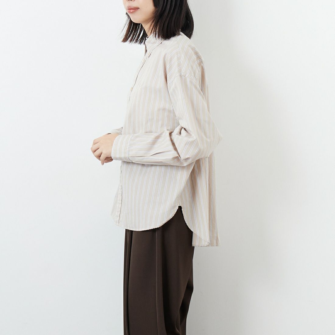 Gymphlex [ジムフレックス] コットンブロードクロス ストライプショートボタンダウンシャツ [GY-B0198CBS] BEG/CHR ST &&モデル身長：162cm 着用サイズ：14&&