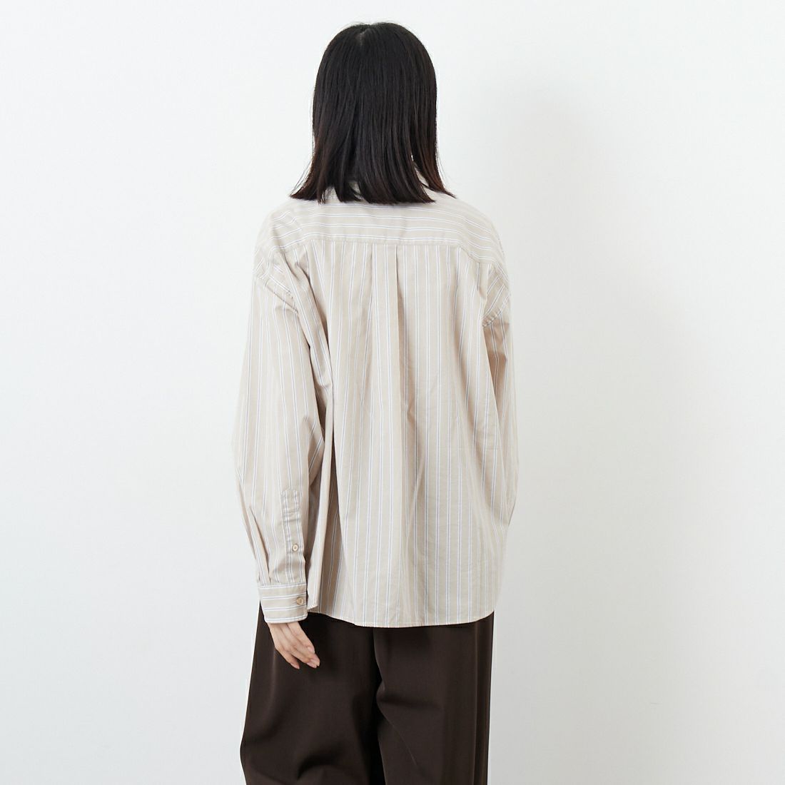 Gymphlex [ジムフレックス] コットンブロードクロス ストライプショートボタンダウンシャツ [GY-B0198CBS] BEG/CHR ST &&モデル身長：162cm 着用サイズ：14&&