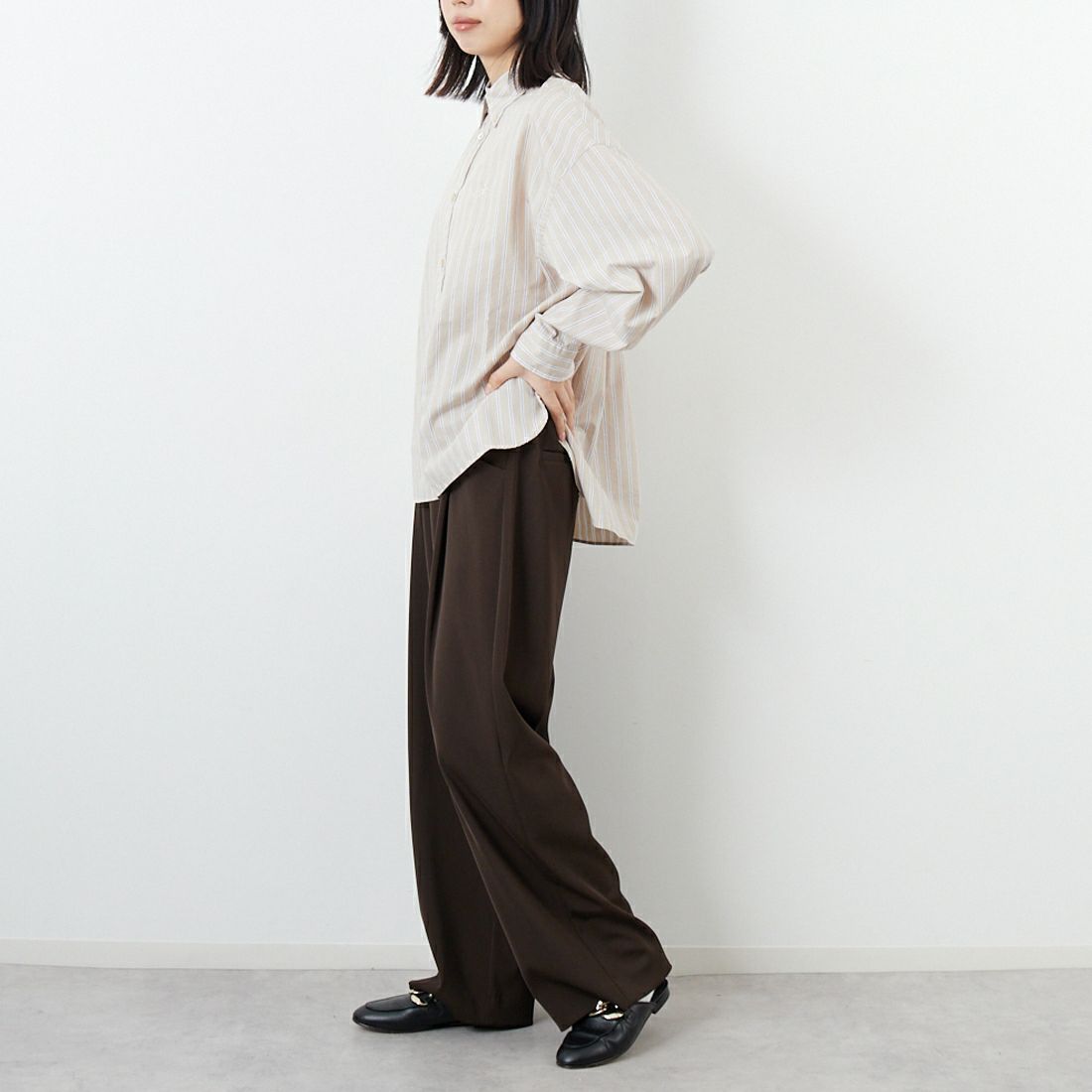 Gymphlex [ジムフレックス] コットンブロードクロス ストライプショートボタンダウンシャツ [GY-B0198CBS] BEG/CHR ST &&モデル身長：162cm 着用サイズ：14&&