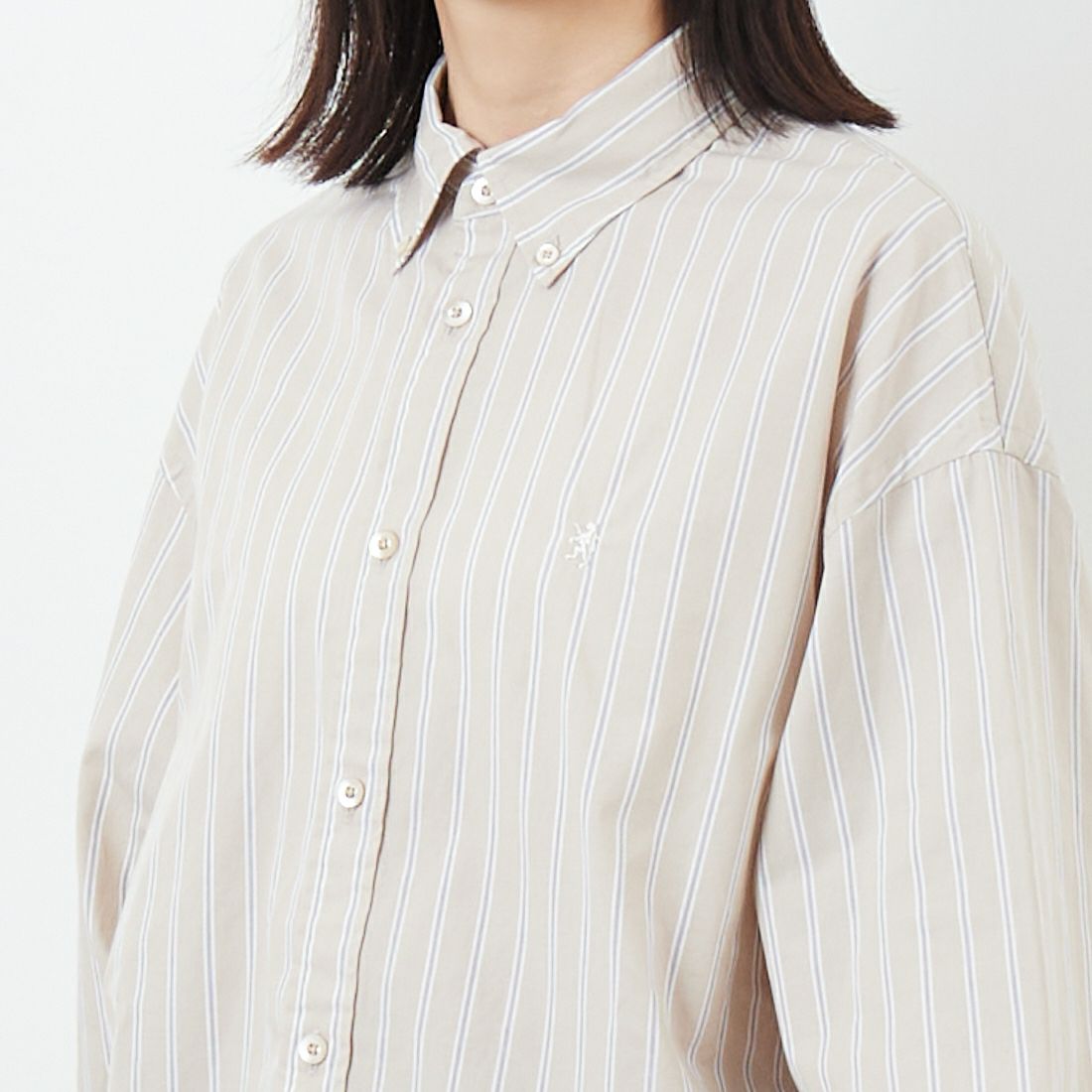 Gymphlex [ジムフレックス] コットンブロードクロス ストライプショートボタンダウンシャツ [GY-B0198CBS] BEG/CHR ST &&モデル身長：162cm 着用サイズ：14&&