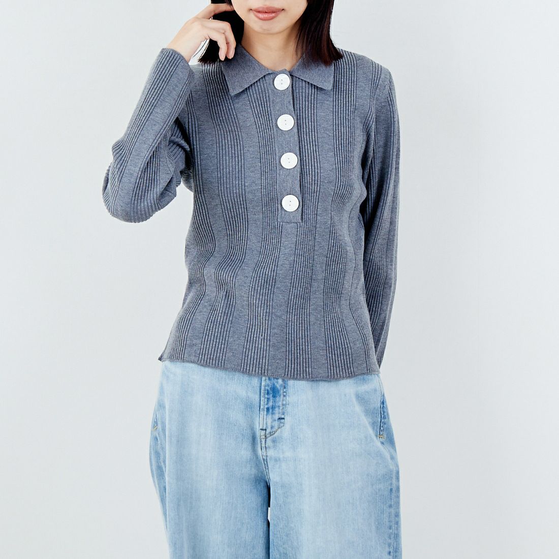 TORRAZZO DONNA [トラッゾドンナ] リブニットポロシャツ [6262-462] 13 GRAY &&モデル身長：162cm 着用サイズ：F&&