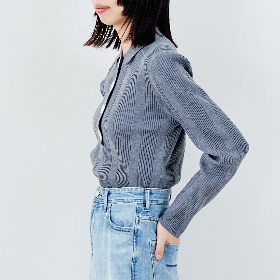 TORRAZZO DONNA [トラッゾドンナ] リブニットポロシャツ [6262-462] 13 GRAY &&モデル身長：162cm 着用サイズ：F&&