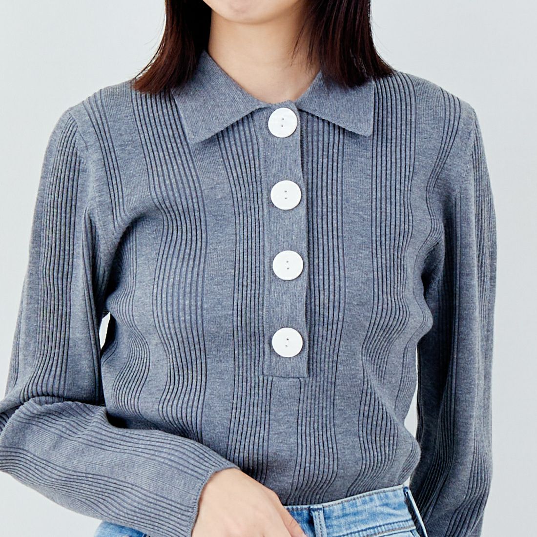 TORRAZZO DONNA [トラッゾドンナ] リブニットポロシャツ [6262-462] 13 GRAY &&モデル身長：162cm 着用サイズ：F&&