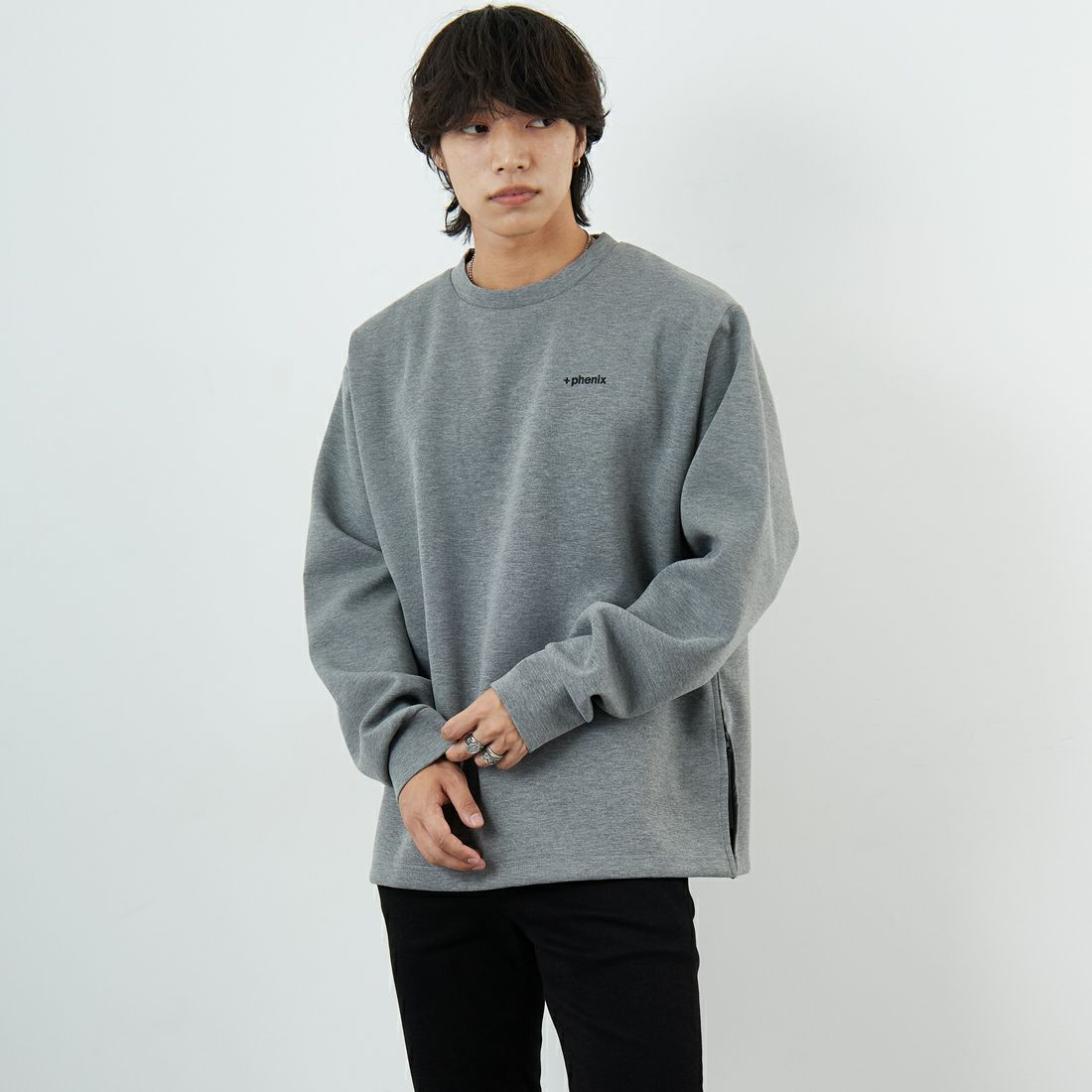 +phenix [プラスフェニックス] 別注 ダンボールニット サイドジップクルーネックスウェット [POO-25082IN-JF] NAVY