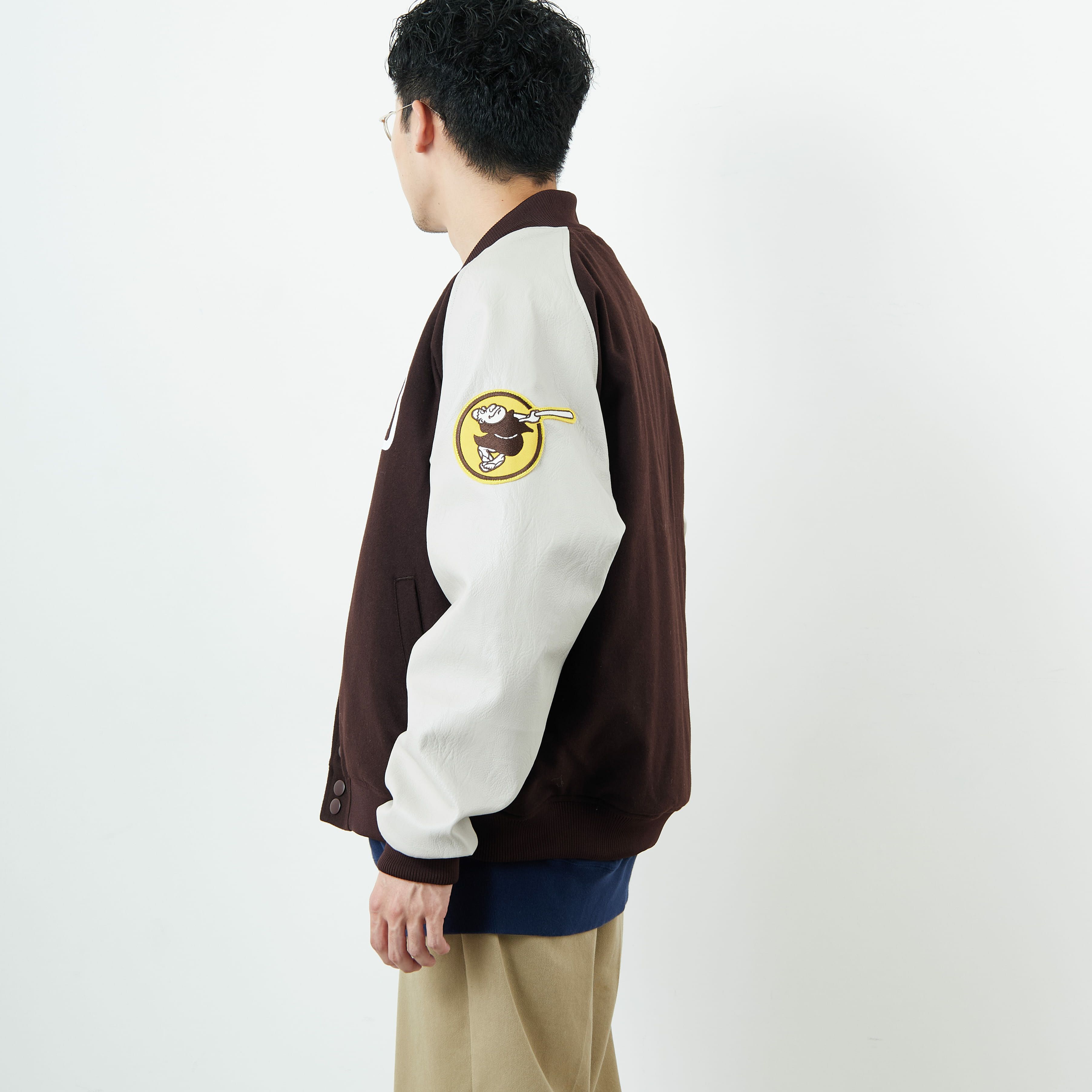 Fanatics [ファナティクス] 別注 MLBロゴワッペン メルトンスタジャン [ML2325FW0007-JF] BROWN SD &&モデル身長：168cm 着用サイズ：L&&