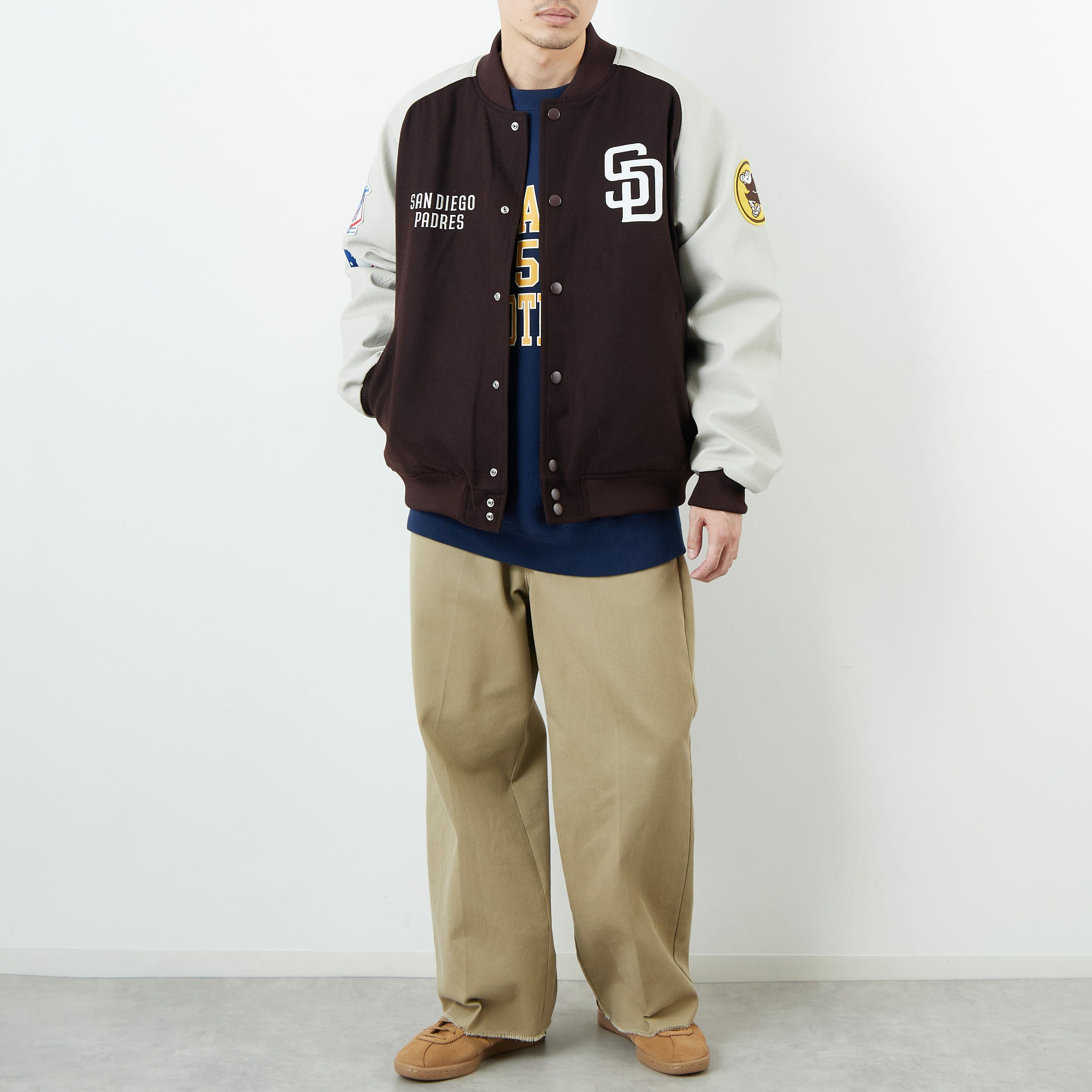 Fanatics [ファナティクス] 別注 MLBロゴワッペン メルトンスタジャン [ML2325FW0007-JF] BROWN SD &&モデル身長：168cm 着用サイズ：L&&