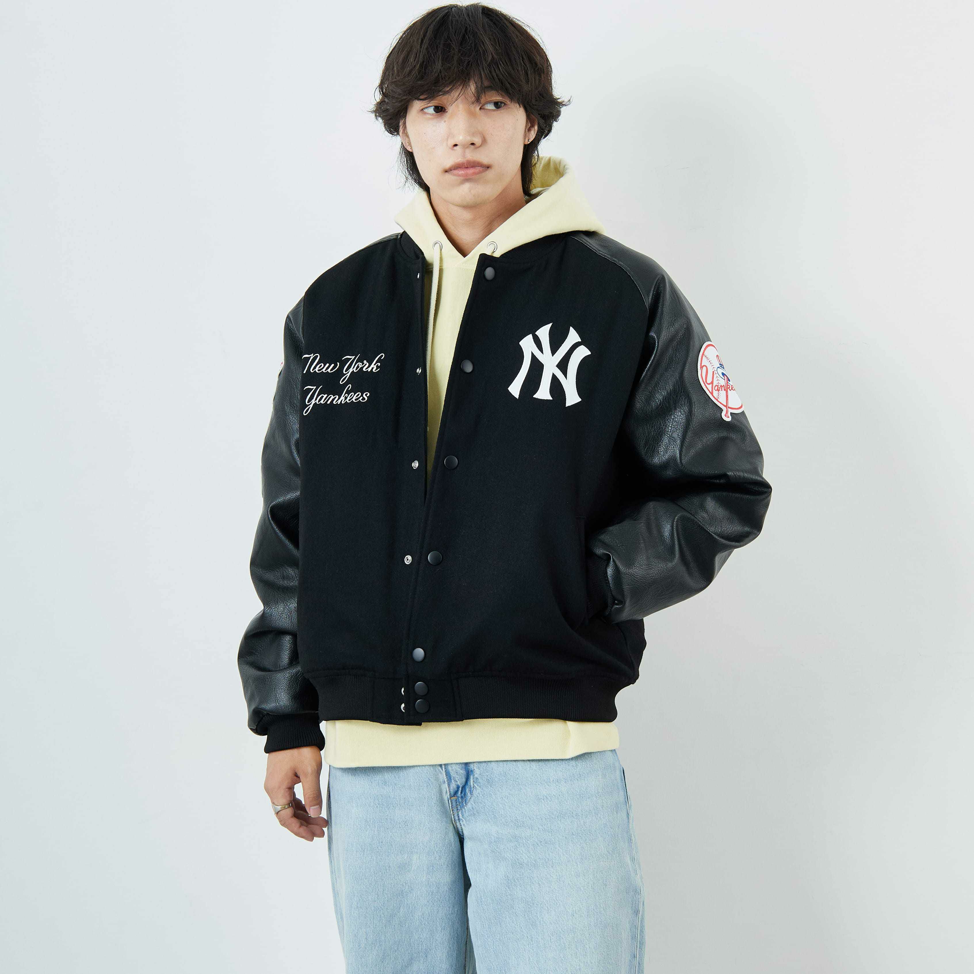 Fanatics [ファナティクス] 別注 MLBロゴワッペン メルトンスタジャン [ML2325FW0007-JF] BLACK NY &&モデル身長：179cm 着用サイズ：L&&
