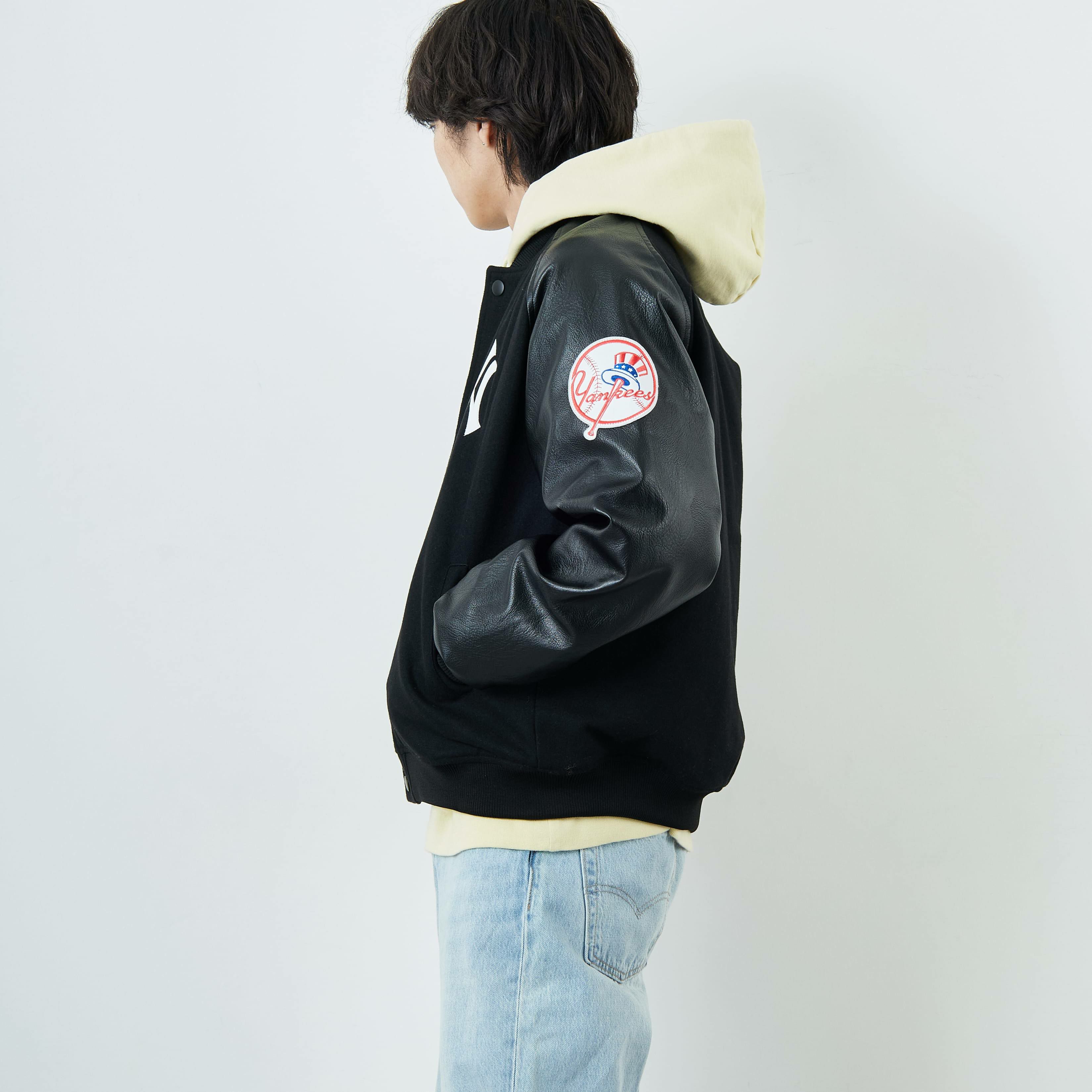 Fanatics [ファナティクス] 別注 MLBロゴワッペン メルトンスタジャン [ML2325FW0007-JF] BLACK NY &&モデル身長：179cm 着用サイズ：L&&