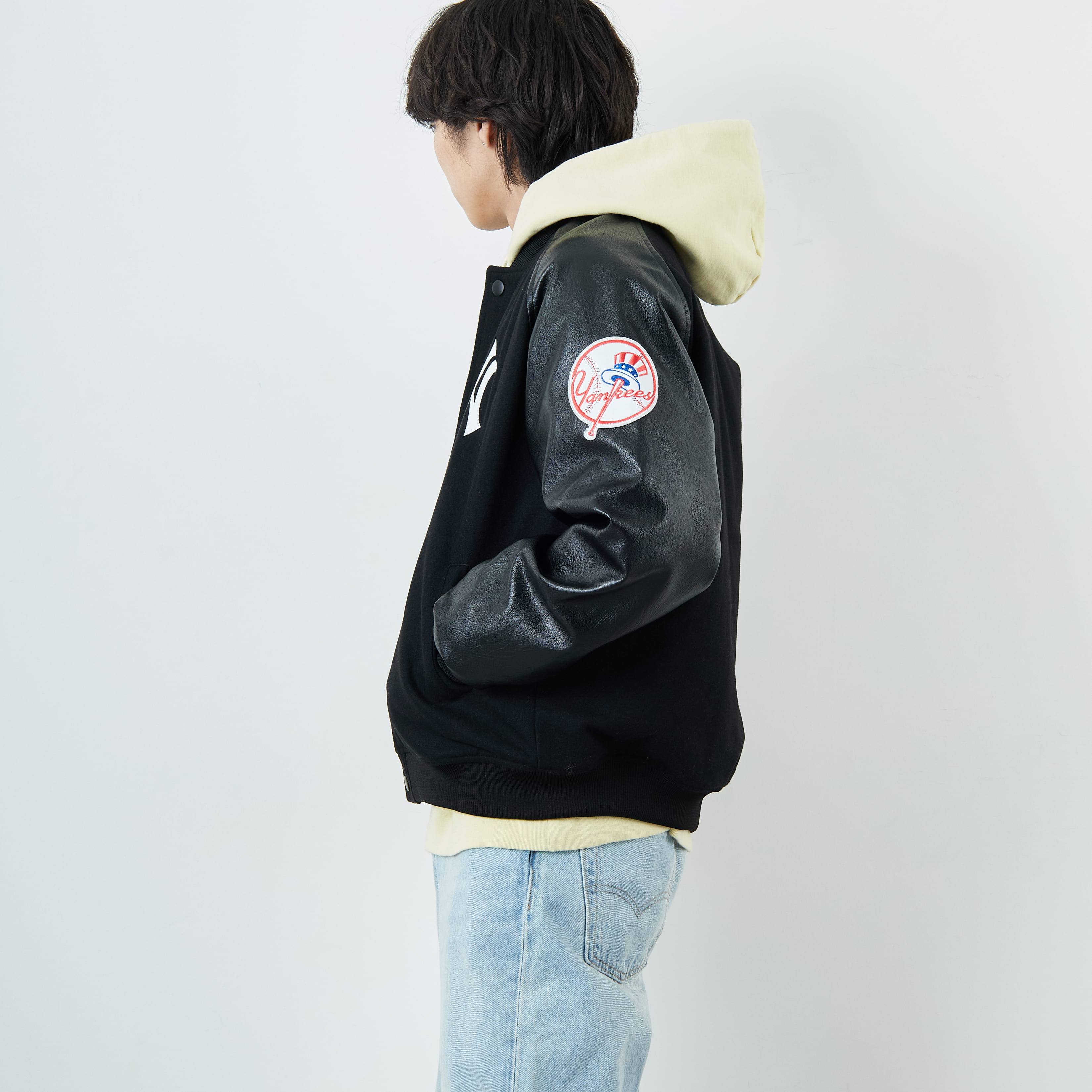 Fanatics [ファナティクス] 別注 MLBロゴワッペン メルトンスタジャン [ML2325FW0007-JF] BLACK NY &&モデル身長：179cm 着用サイズ：L&&