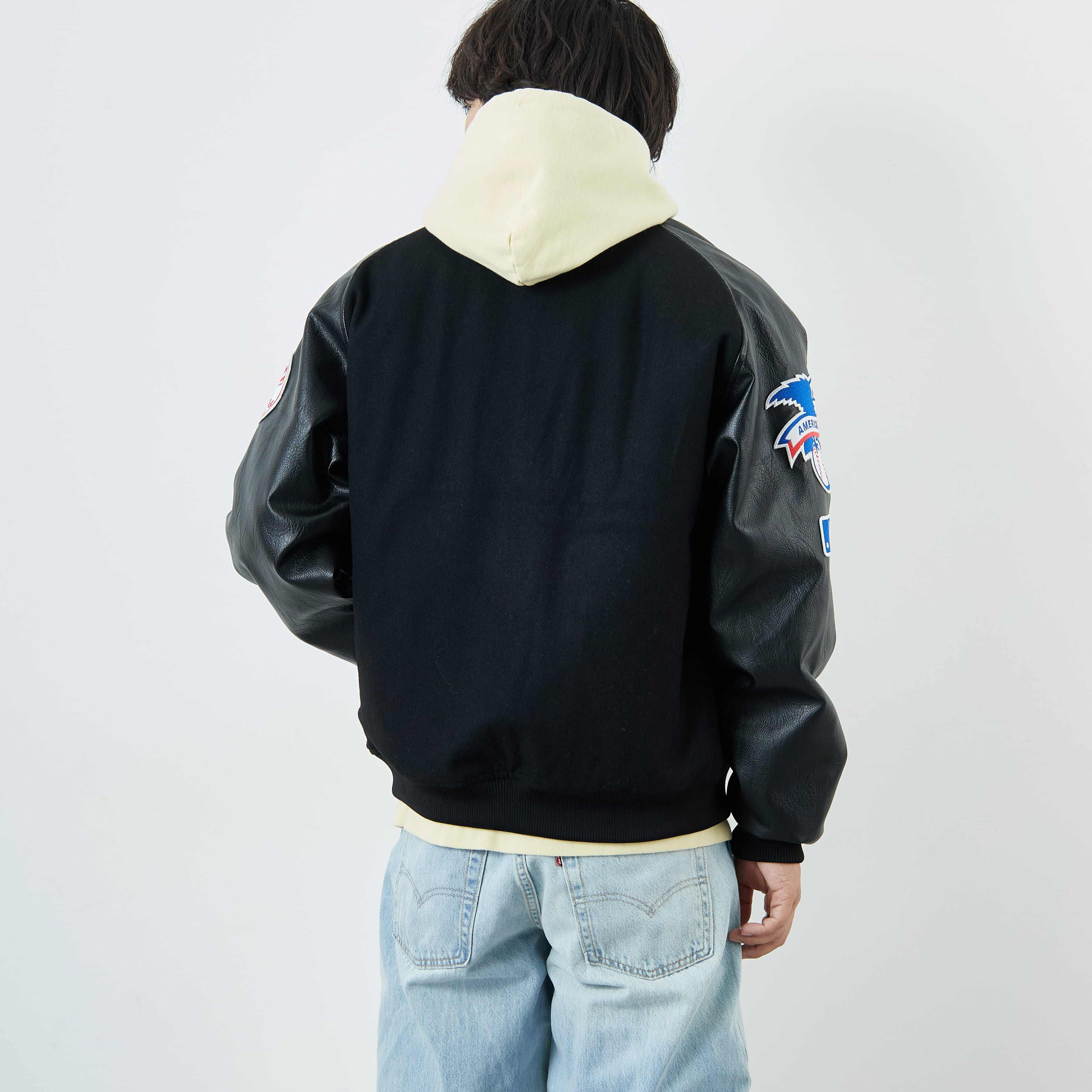 Fanatics [ファナティクス] 別注 MLBロゴワッペン メルトンスタジャン [ML2325FW0007-JF] BLACK NY &&モデル身長：179cm 着用サイズ：L&&