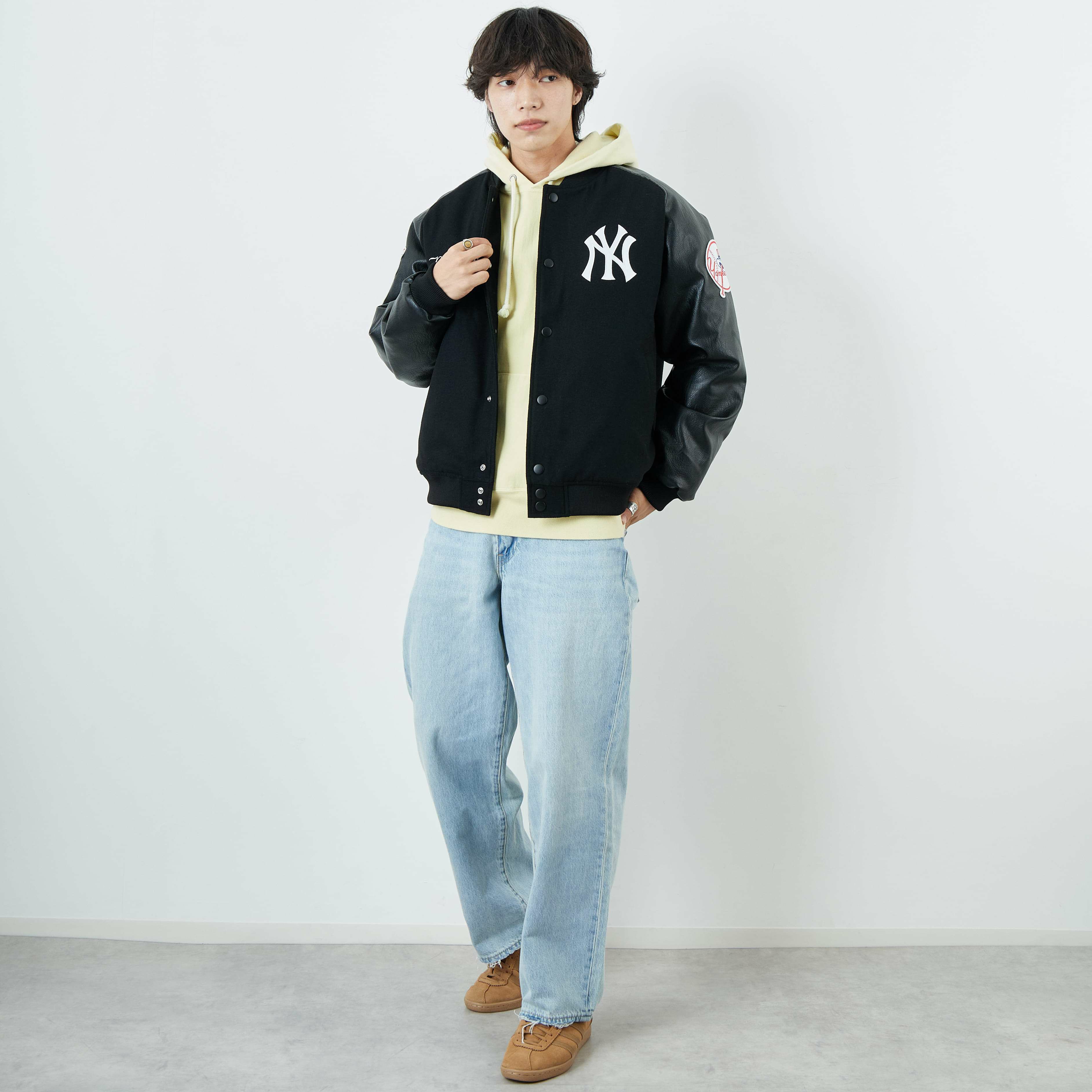 Fanatics [ファナティクス] 別注 MLBロゴワッペン メルトンスタジャン [ML2325FW0007-JF] BLACK NY &&モデル身長：179cm 着用サイズ：L&&