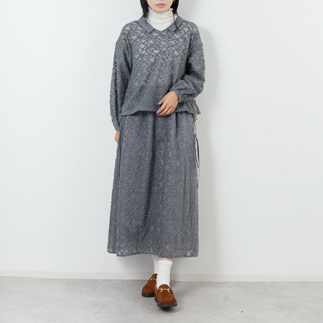 STELLA CIFFON [ステラシフォン] シアーカットジャガードスカート [ST3-26201B] 81 GRAY &&モデル身長：167cm 着用サイズ：36&&