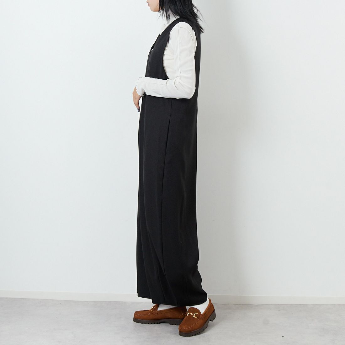 CLOCHE [クロシェ] ウールライク2WAYサロペット [55286522] ﾌﾞﾗｯｸ &&モデル身長：167cm 着用サイズ：2&&