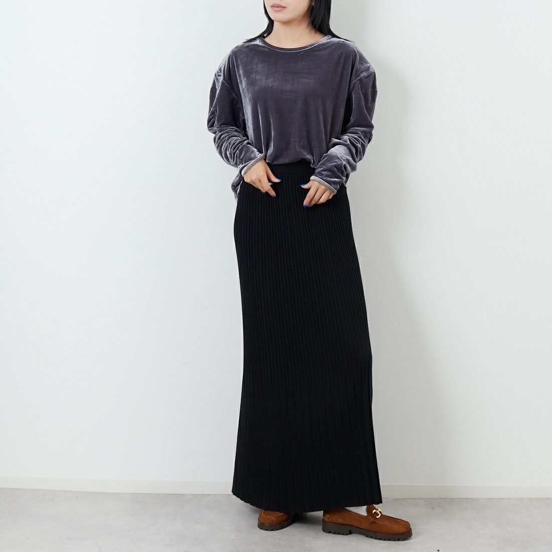 null. [ヌル] ベロアドロップショルダートップス [153WCT254014] CGRY &&モデル身長：167cm 着用サイズ：F&&