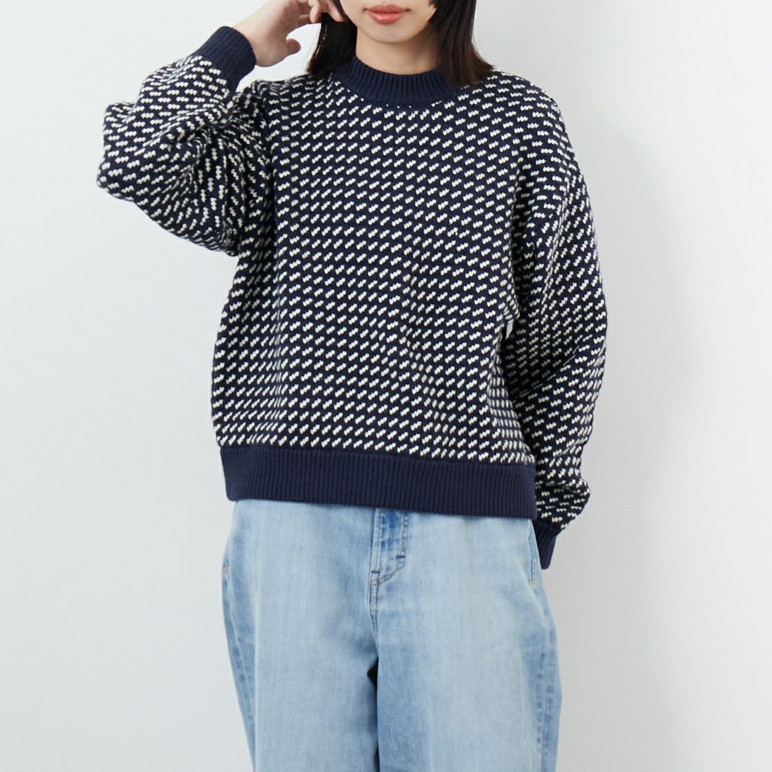 L.L.BEAN [エルエルビーン] Wayne バーズアイセーター [5575-2130] 90 NVY/NAT &&モデル身長：162cm 着用サイズ：M&&