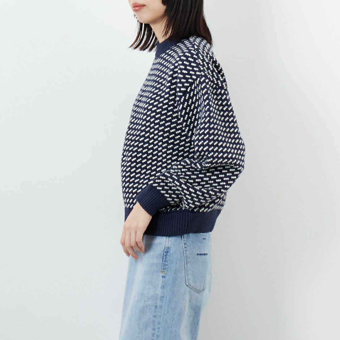 L.L.BEAN [エルエルビーン] Wayne バーズアイセーター [5575-2130] 90 NVY/NAT &&モデル身長：162cm 着用サイズ：M&&