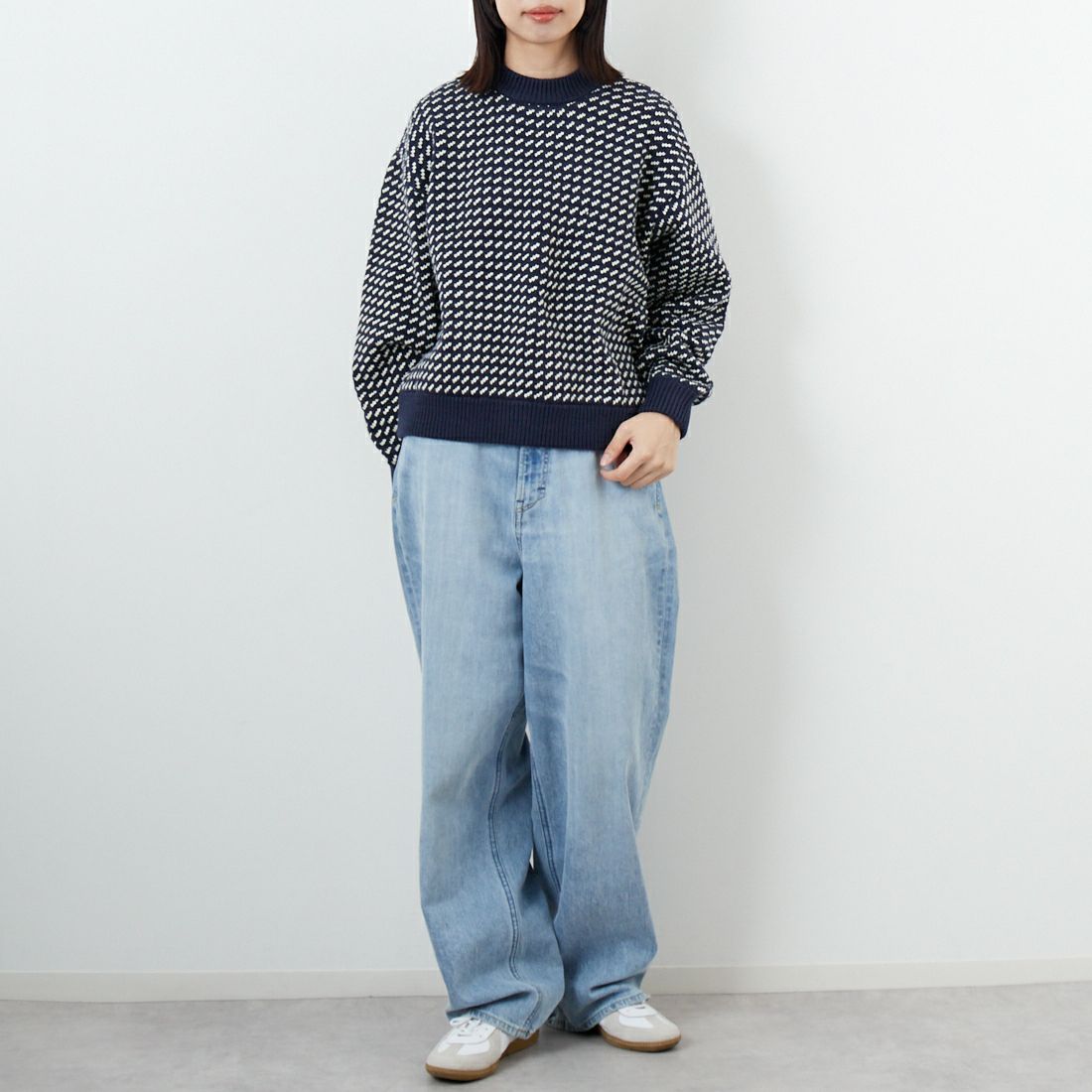 L.L.BEAN [エルエルビーン] Wayne バーズアイセーター [5575-2130] 90 NVY/NAT &&モデル身長：162cm 着用サイズ：M&&