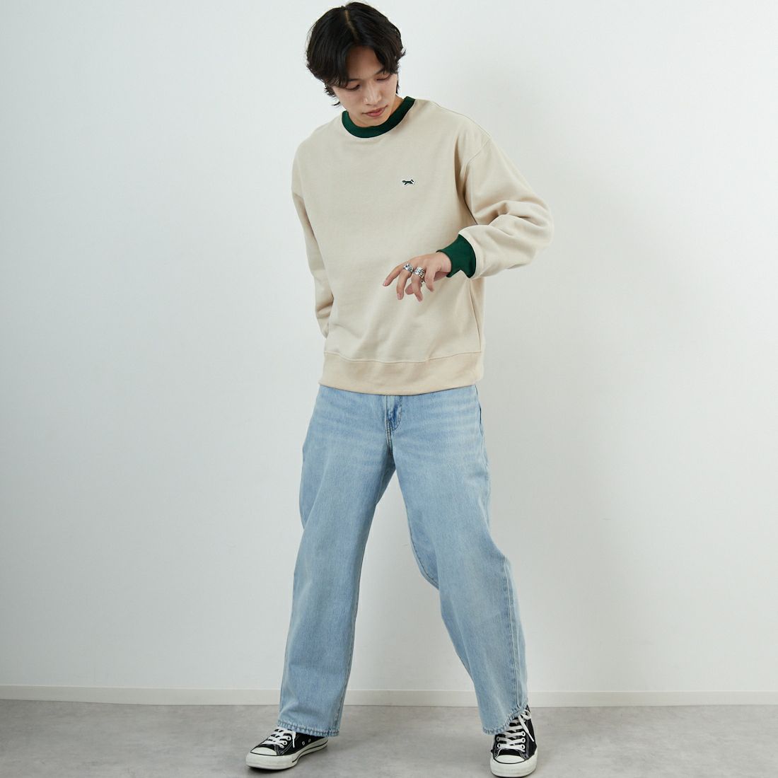 THE FOX [ザフォックス] 別注 ドローコード付きクルーネックスウェット [JFL25AW-01-JF] NAT/GRN &&モデル身長：179cm 着用サイズ：L&&