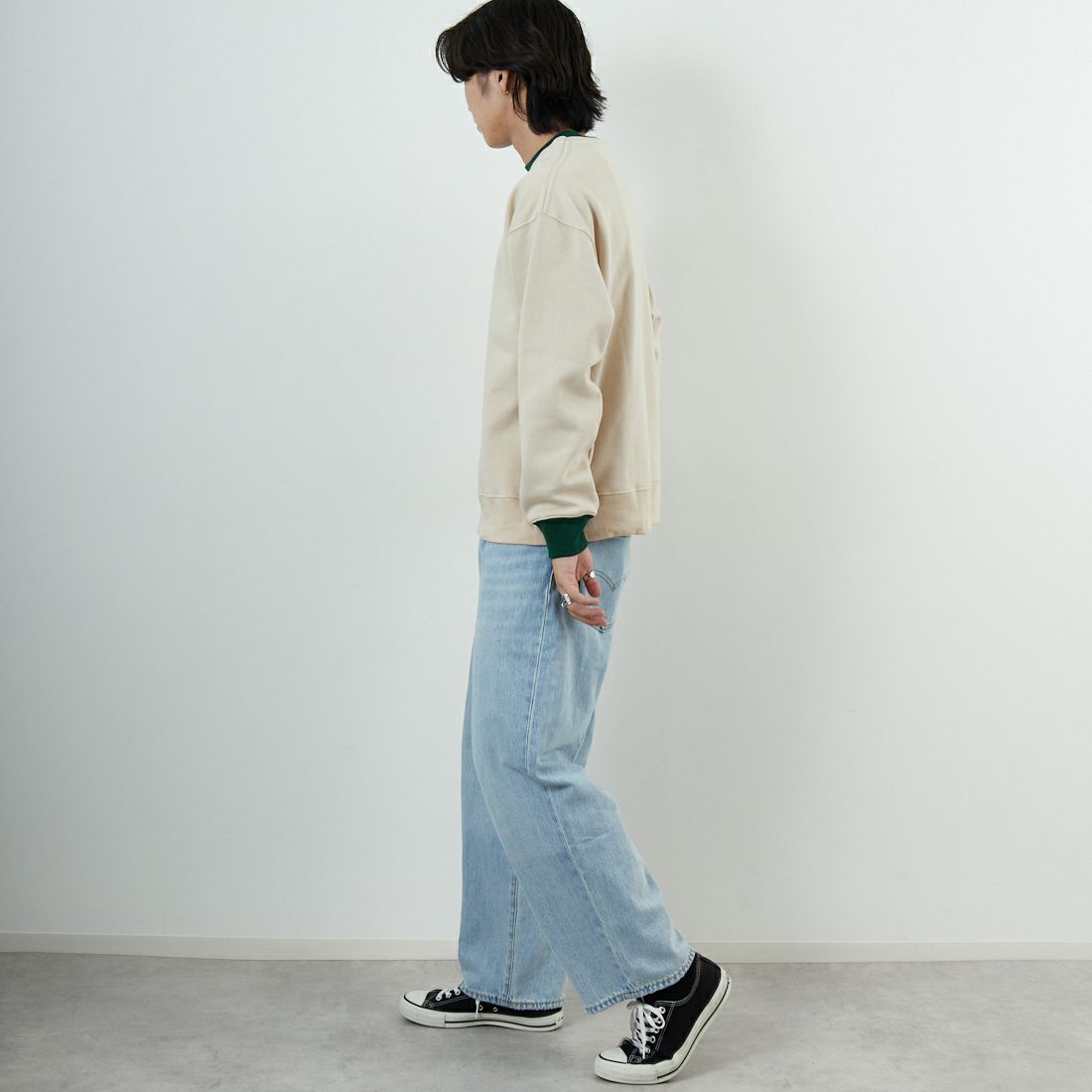 THE FOX [ザフォックス] 別注 ドローコード付きクルーネックスウェット [JFL25AW-01-JF] NAT/GRN &&モデル身長：179cm 着用サイズ：L&&