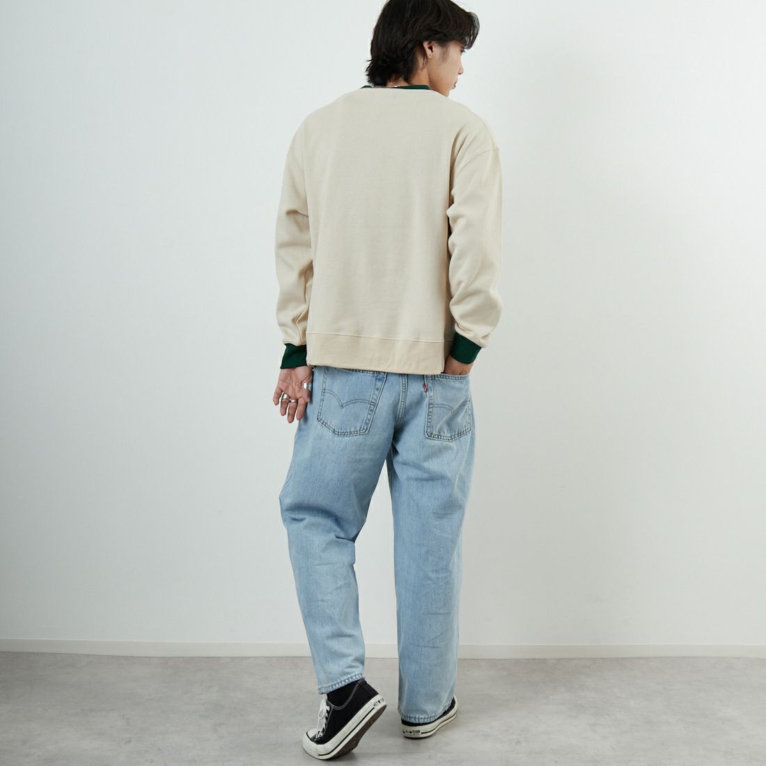 THE FOX [ザフォックス] 別注 ドローコード付きクルーネックスウェット [JFL25AW-01-JF] NAT/GRN &&モデル身長：179cm 着用サイズ：L&&