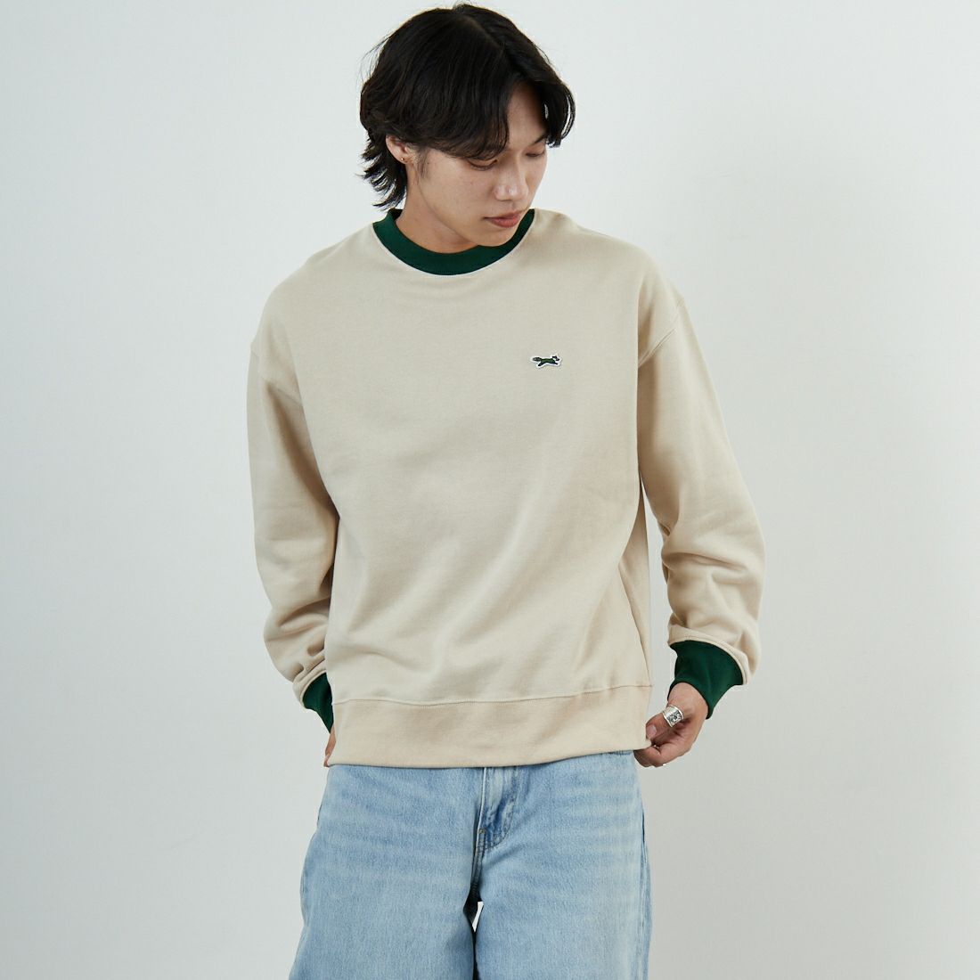 THE FOX [ザフォックス] 別注 ドローコード付きクルーネックスウェット [JFL25AW-01-JF] NAT/GRN &&モデル身長：179cm 着用サイズ：L&&