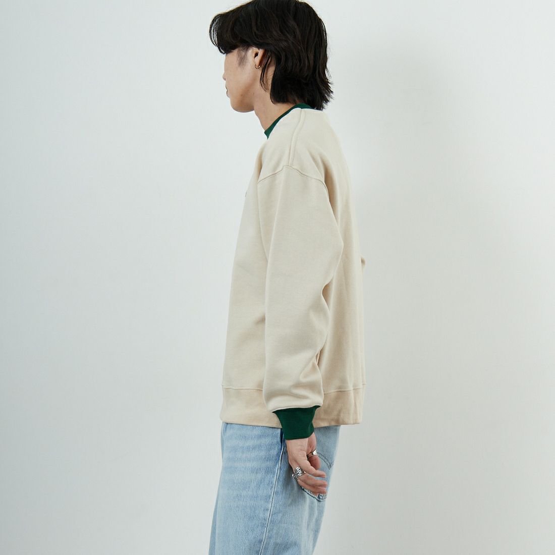 THE FOX [ザフォックス] 別注 ドローコード付きクルーネックスウェット [JFL25AW-01-JF] NAT/GRN &&モデル身長：179cm 着用サイズ：L&&