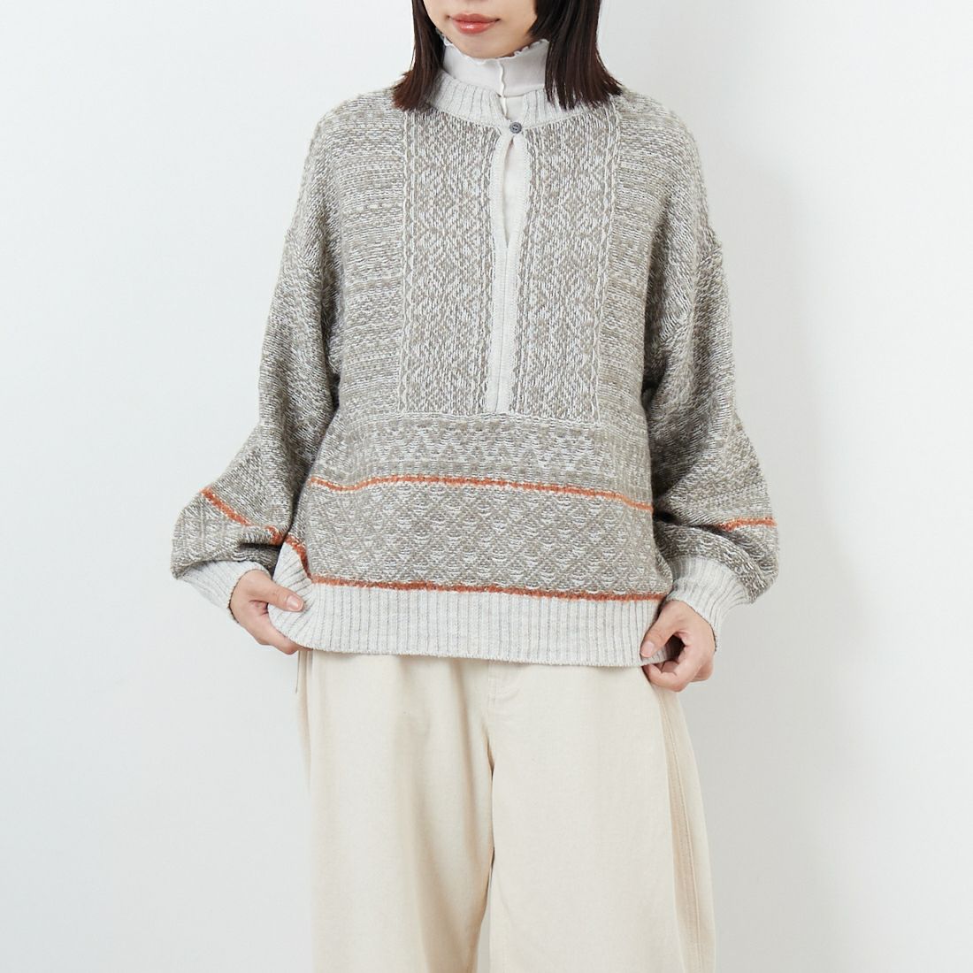 tumugu: [ツムグ] ミックスヤーンバックジャガード プルオーバー [TK25308] 84 GRAY &&モデル身長：162cm 着用サイズ：F&&