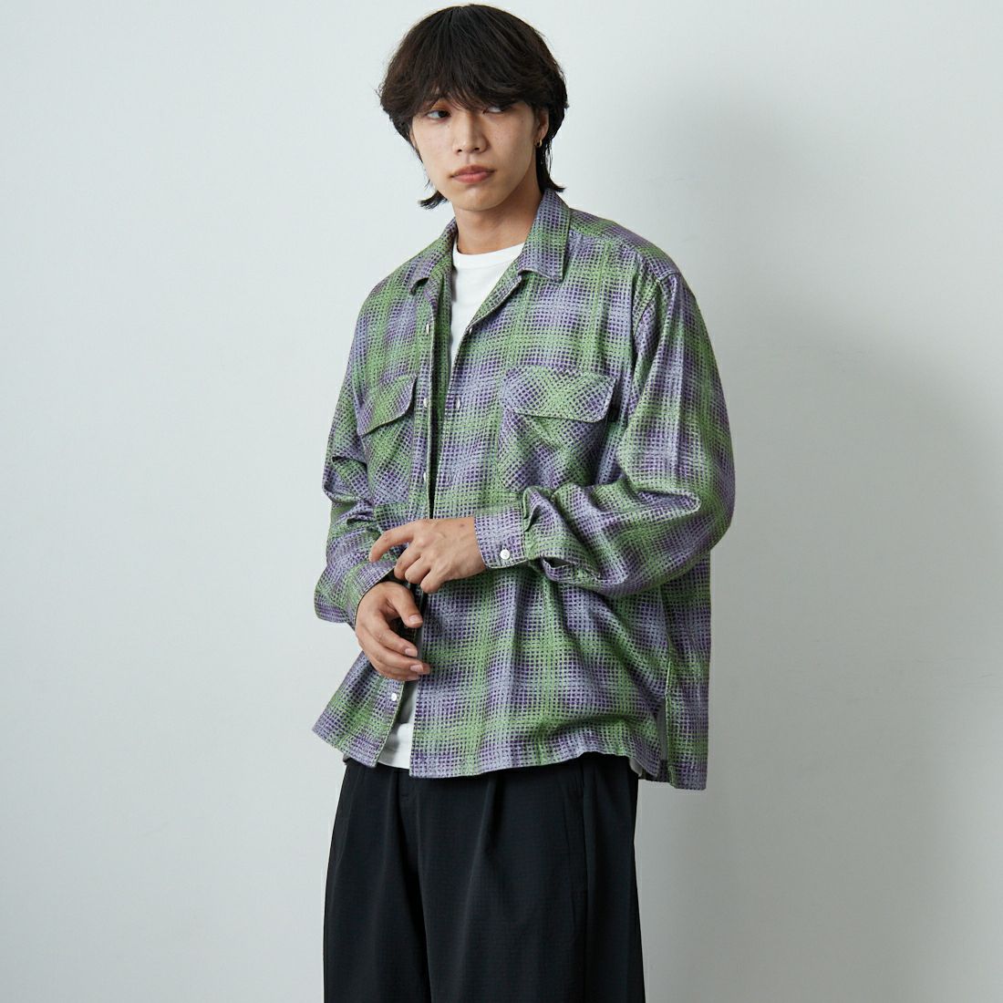 SEDAN ALL-PURPOSE [セダン オールパーパス] プリンテッドプレイドフランネル オープンカラーシャツ [SD25F-SH02] GRN/PPL &&モデル身長：179cm 着用サイズ：L&&