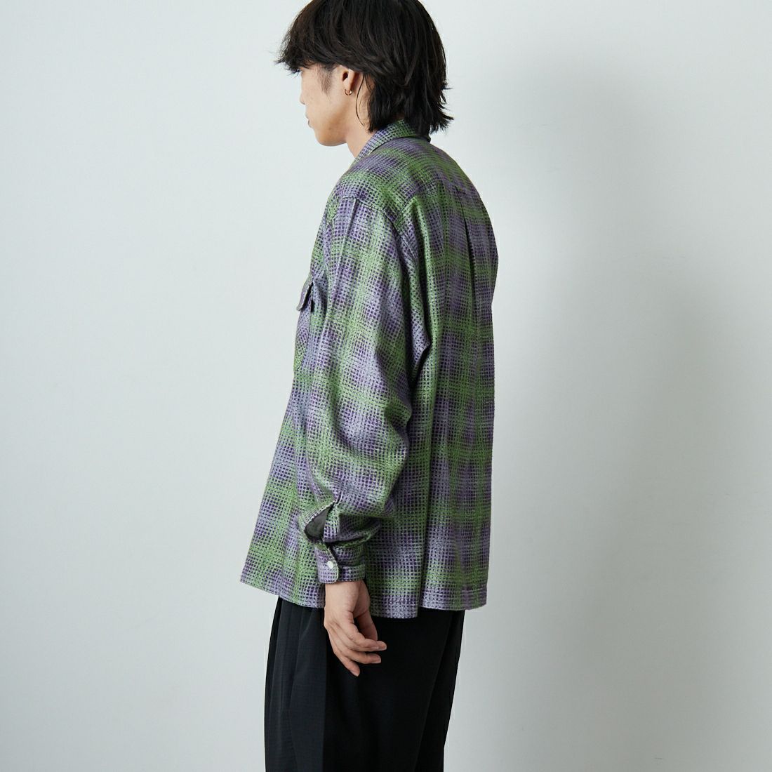 SEDAN ALL-PURPOSE [セダン オールパーパス] プリンテッドプレイドフランネル オープンカラーシャツ [SD25F-SH02] GRN/PPL &&モデル身長：179cm 着用サイズ：L&&