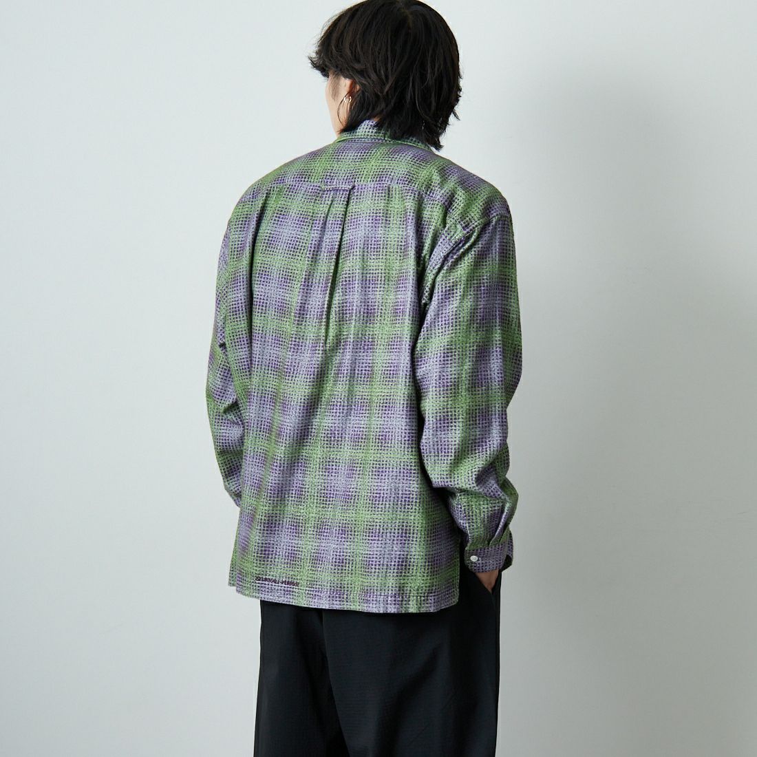 SEDAN ALL-PURPOSE [セダン オールパーパス] プリンテッドプレイドフランネル オープンカラーシャツ [SD25F-SH02] GRN/PPL &&モデル身長：179cm 着用サイズ：L&&