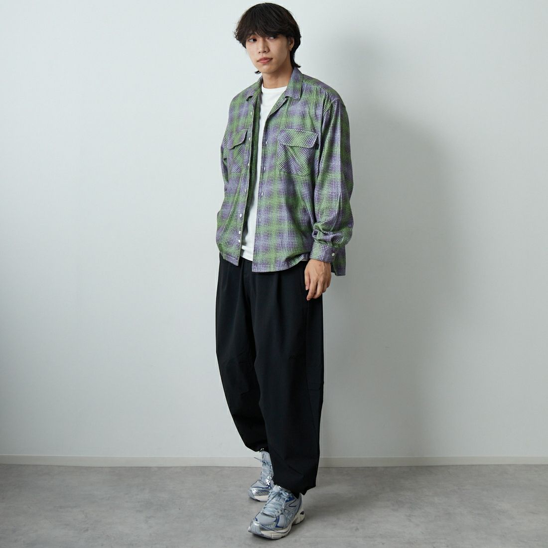 SEDAN ALL-PURPOSE [セダン オールパーパス] プリンテッドプレイドフランネル オープンカラーシャツ [SD25F-SH02] GRN/PPL &&モデル身長：179cm 着用サイズ：L&&