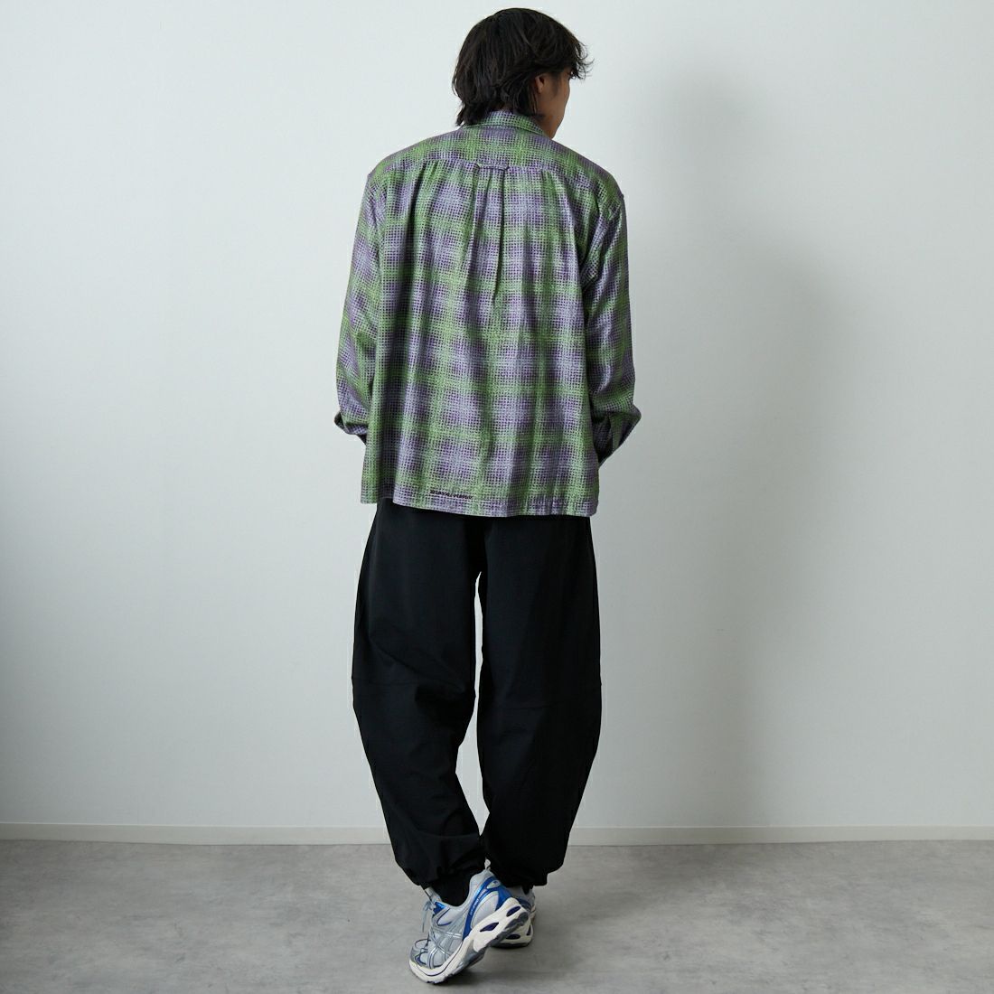 SEDAN ALL-PURPOSE [セダン オールパーパス] プリンテッドプレイドフランネル オープンカラーシャツ [SD25F-SH02] GRN/PPL &&モデル身長：179cm 着用サイズ：L&&