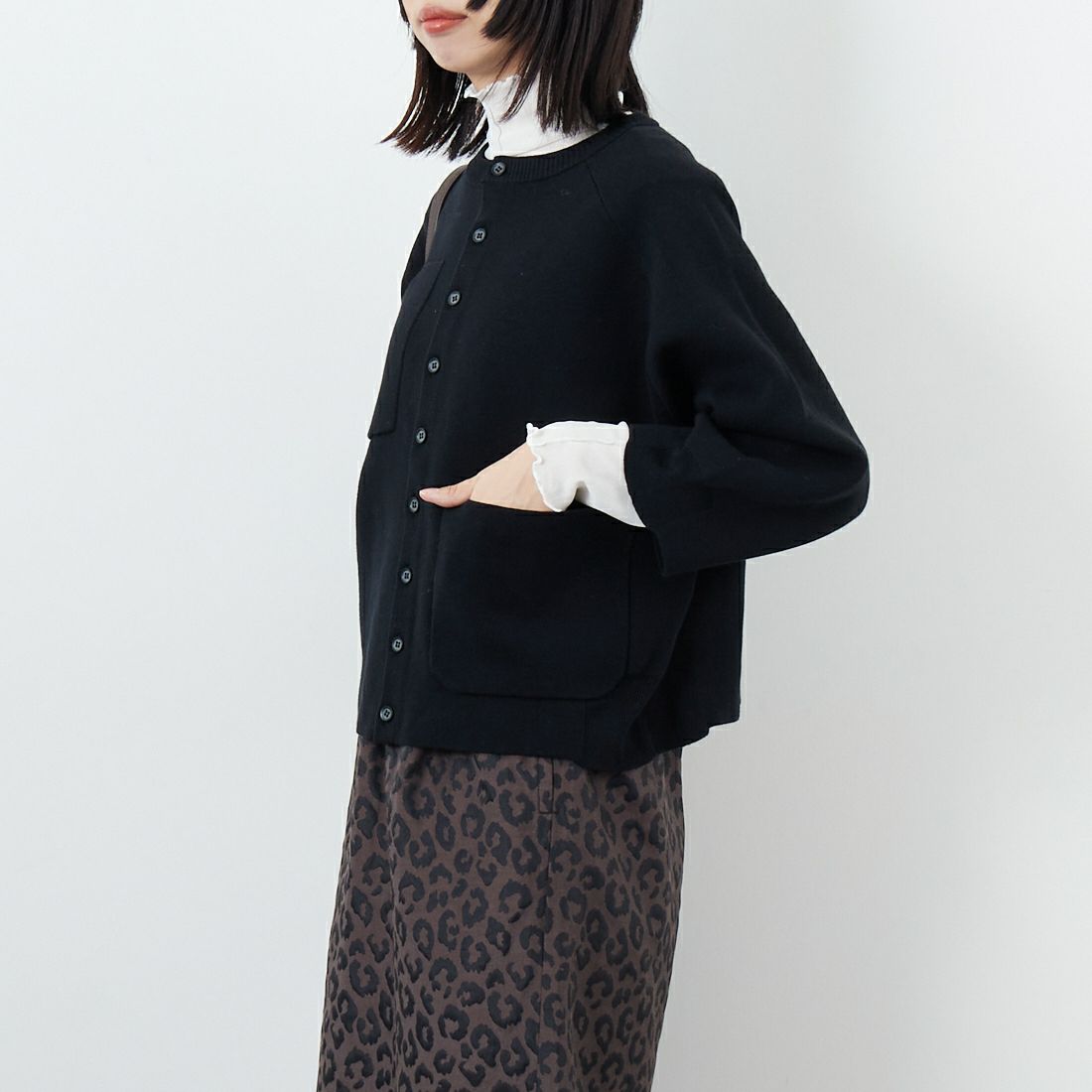 ESTROISLOSE [エストゥロワルーズ] コットンミラノリブカーディガン [EK23105] 99 BLACK &&モデル身長：162cm 着用サイズ：F&&