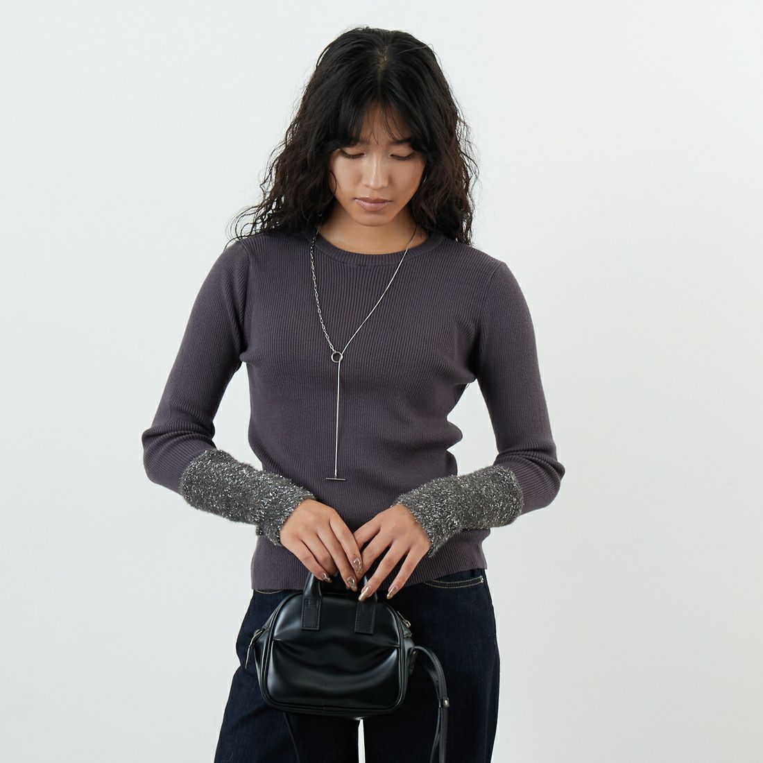 Jf Ready Made [ジェイエフレディメイド] ラメシャギーアームウォーマーニット [986-14102] ｸﾞﾚｰｼﾞｭ &&モデル身長：162cm 着用サイズ：F&&