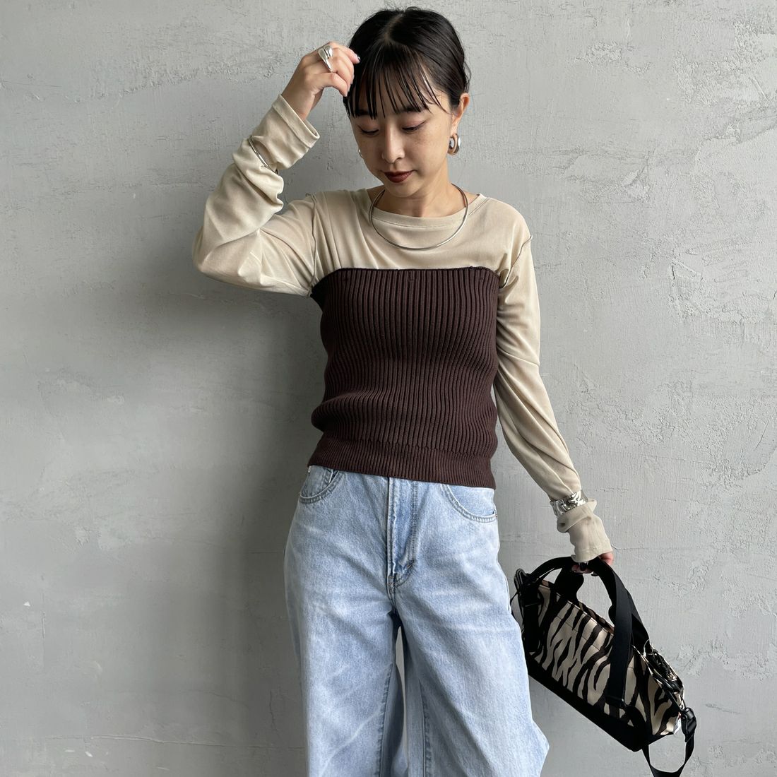 nenom [ネノム] マルチWAY フロントボタンリブニットビスチェ [NE25131033] 28 BROWN&&モデル身長：150cm 着用サイズ：F&&