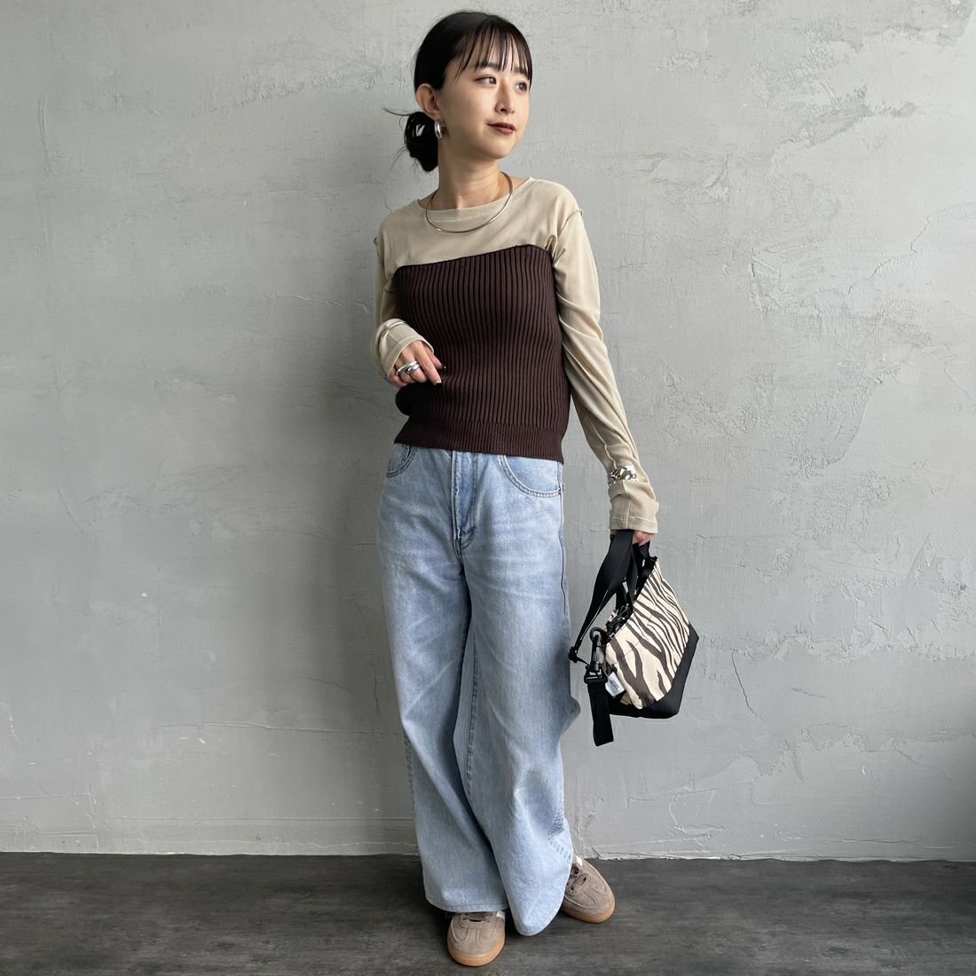 nenom [ネノム] マルチWAY フロントボタンリブニットビスチェ [NE25131033] 28 BROWN&&モデル身長：150cm 着用サイズ：F&&