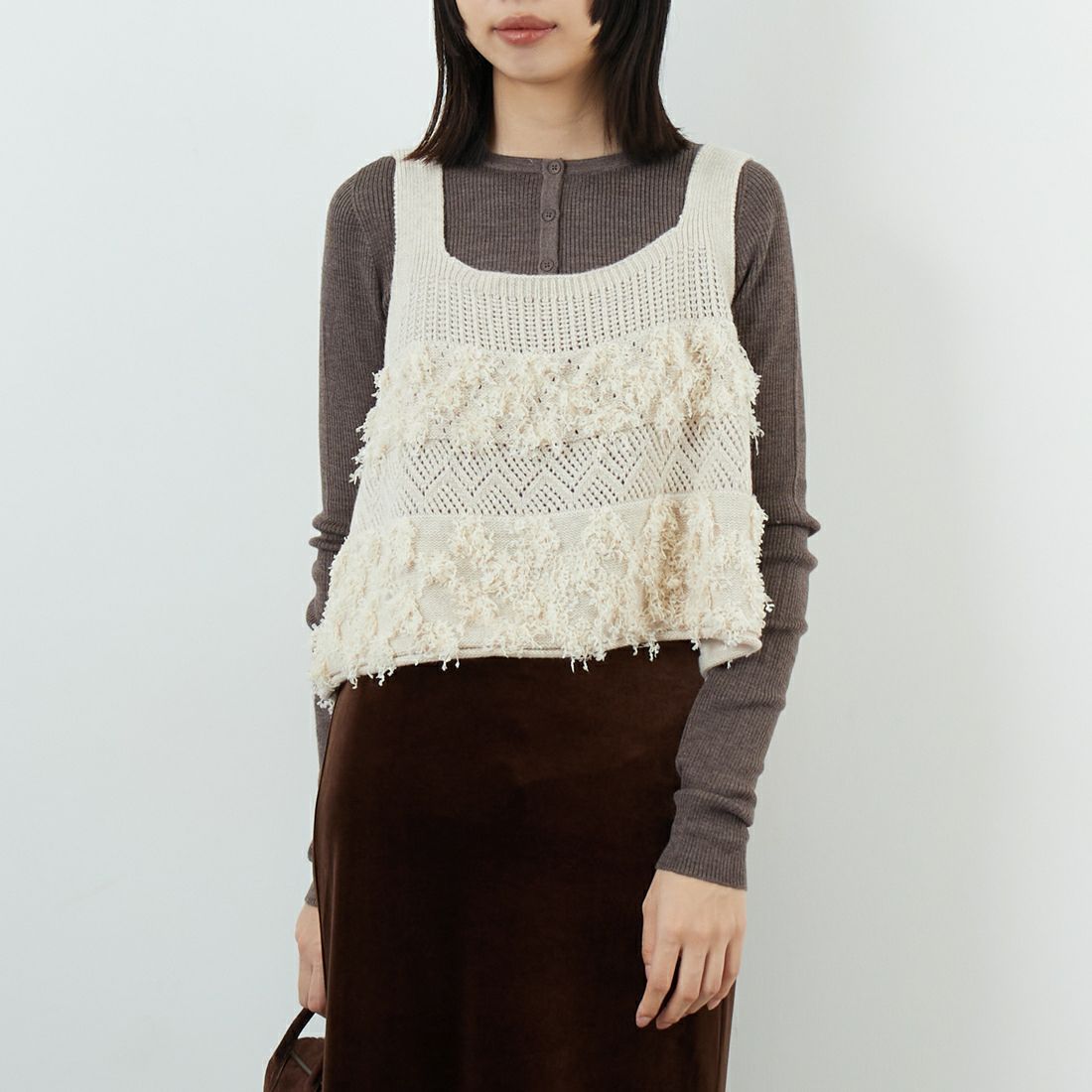 tumugu: [ツムグ] ウールアンゴラフリンジ2WAYビスチェ [TK25304] 04 IVORY &&モデル身長：162cm 着用サイズ：F&&