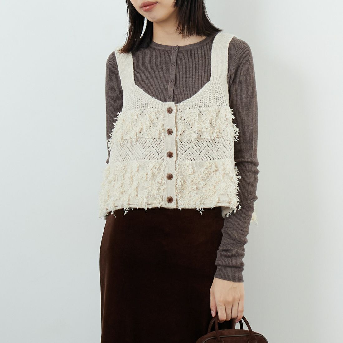 tumugu: [ツムグ] ウールアンゴラフリンジ2WAYビスチェ [TK25304] 04 IVORY &&モデル身長：162cm 着用サイズ：F&&