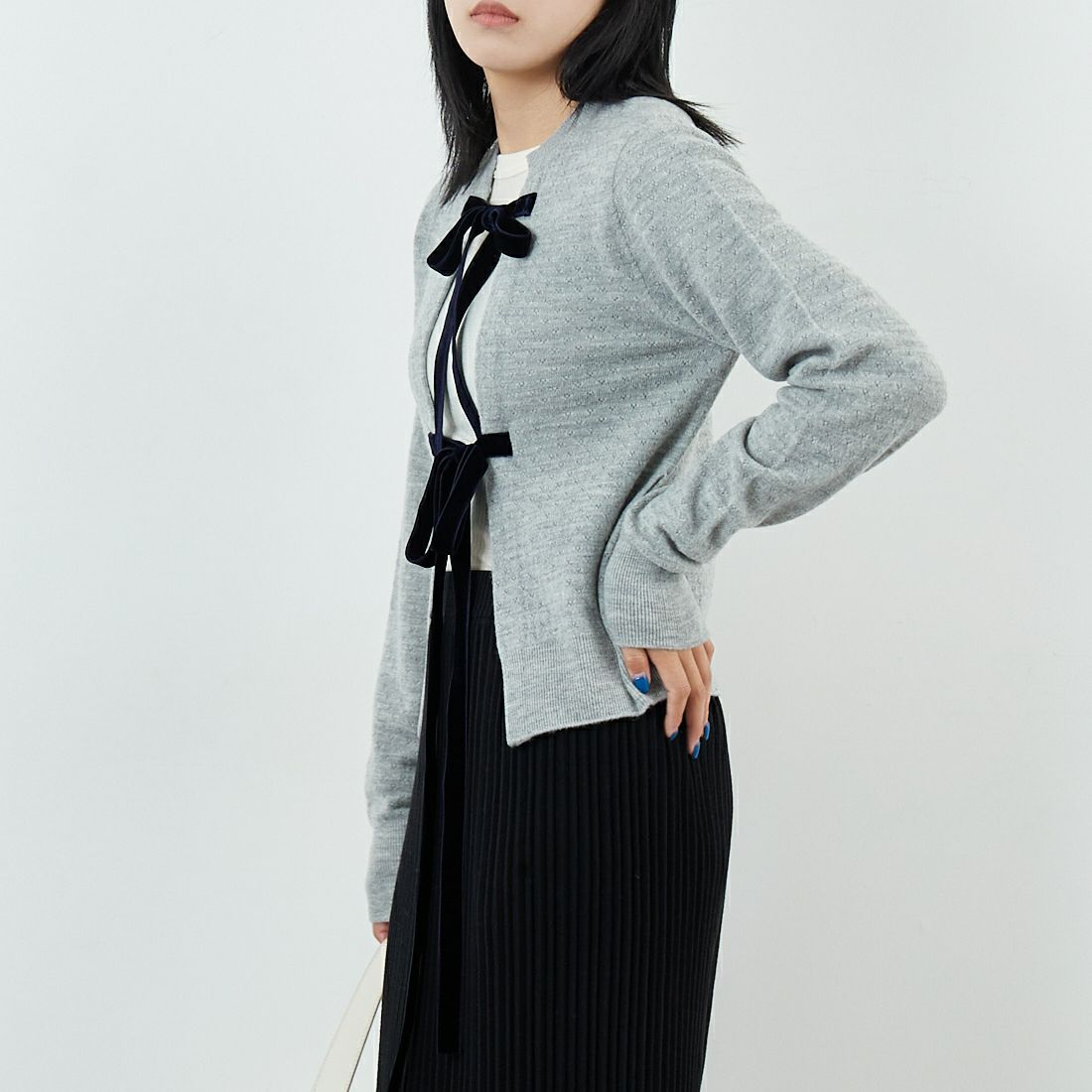 RhodolirioN [ロドリリオン] ボイルニット リボンカーディガン [RV1061] A H.GREY &&モデル身長：167cm 着用サイズ：ONE SIZE&&