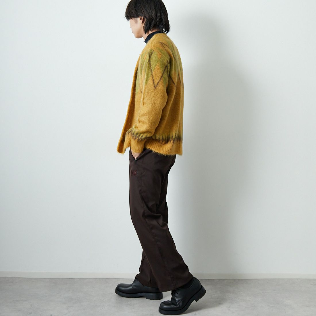 Needles [ニードルズ] モヘアカーディガン アーガイル [RW355] MASTARD &&モデル身長：179cm 着用サイズ：M&&