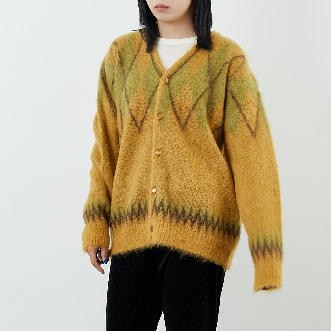 Needles [ニードルズ] モヘアカーディガン アーガイル [RW355] MASTARD &&モデル身長：167cm 着用サイズ：XS&&