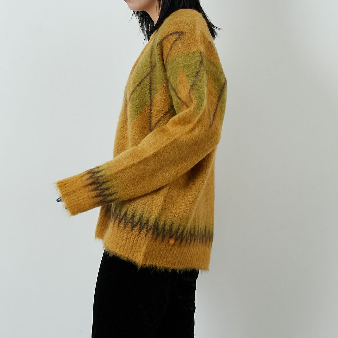 Needles [ニードルズ] モヘアカーディガン アーガイル [RW355] MASTARD &&モデル身長：167cm 着用サイズ：XS&&