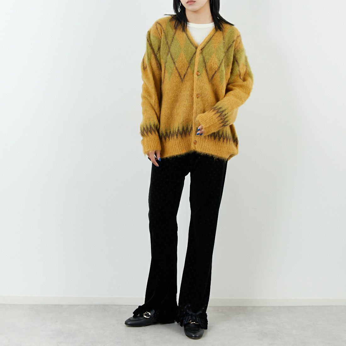 Needles [ニードルズ] モヘアカーディガン アーガイル [RW355] MASTARD &&モデル身長：167cm 着用サイズ：XS&&