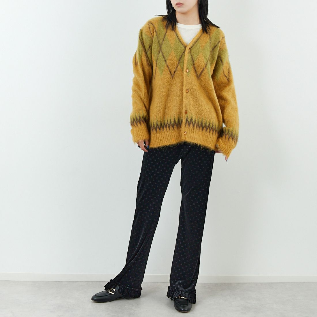 Needles [ニードルズ] モヘアカーディガン アーガイル [RW355] MASTARD &&モデル身長：167cm 着用サイズ：XS&&