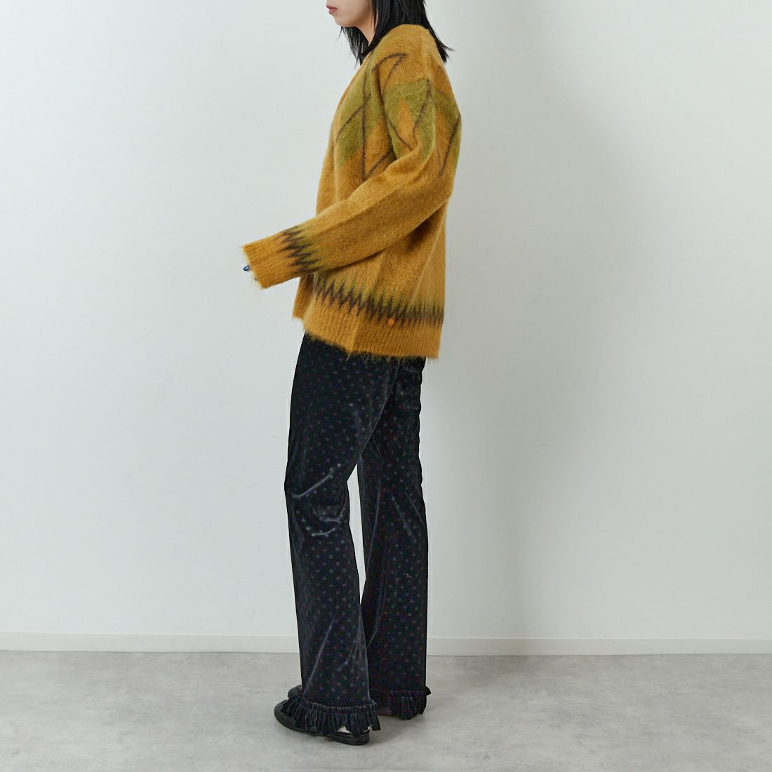 Needles [ニードルズ] モヘアカーディガン アーガイル [RW355] MASTARD &&モデル身長：167cm 着用サイズ：XS&&