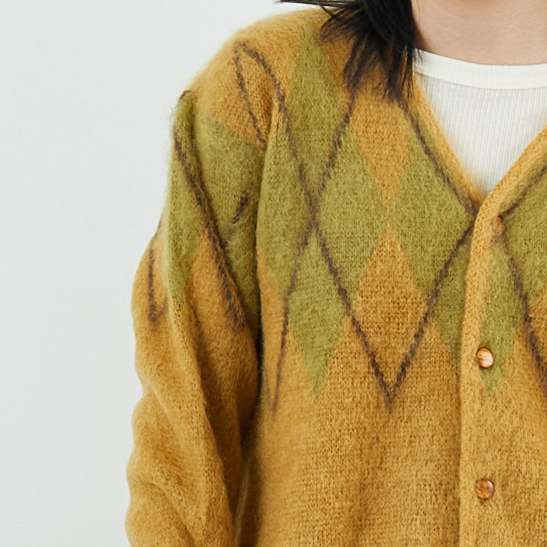 Needles [ニードルズ] モヘアカーディガン アーガイル [RW355] MASTARD &&モデル身長：167cm 着用サイズ：XS&&