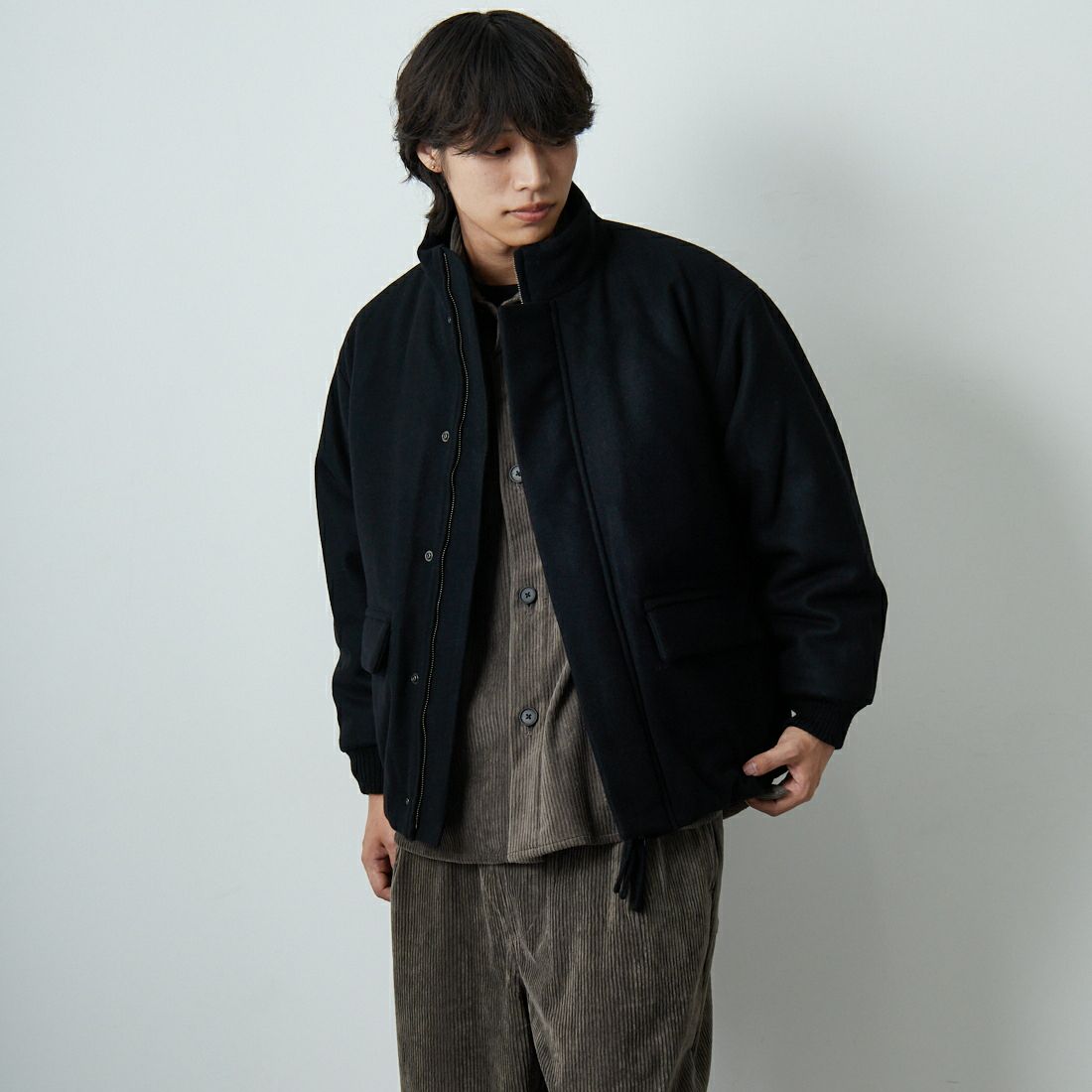 STILL BY HAND [スティルバイハンド] パデッドウールブルゾン [BL07253] BLACK &&モデル身長：179cm 着用サイズ：46&&