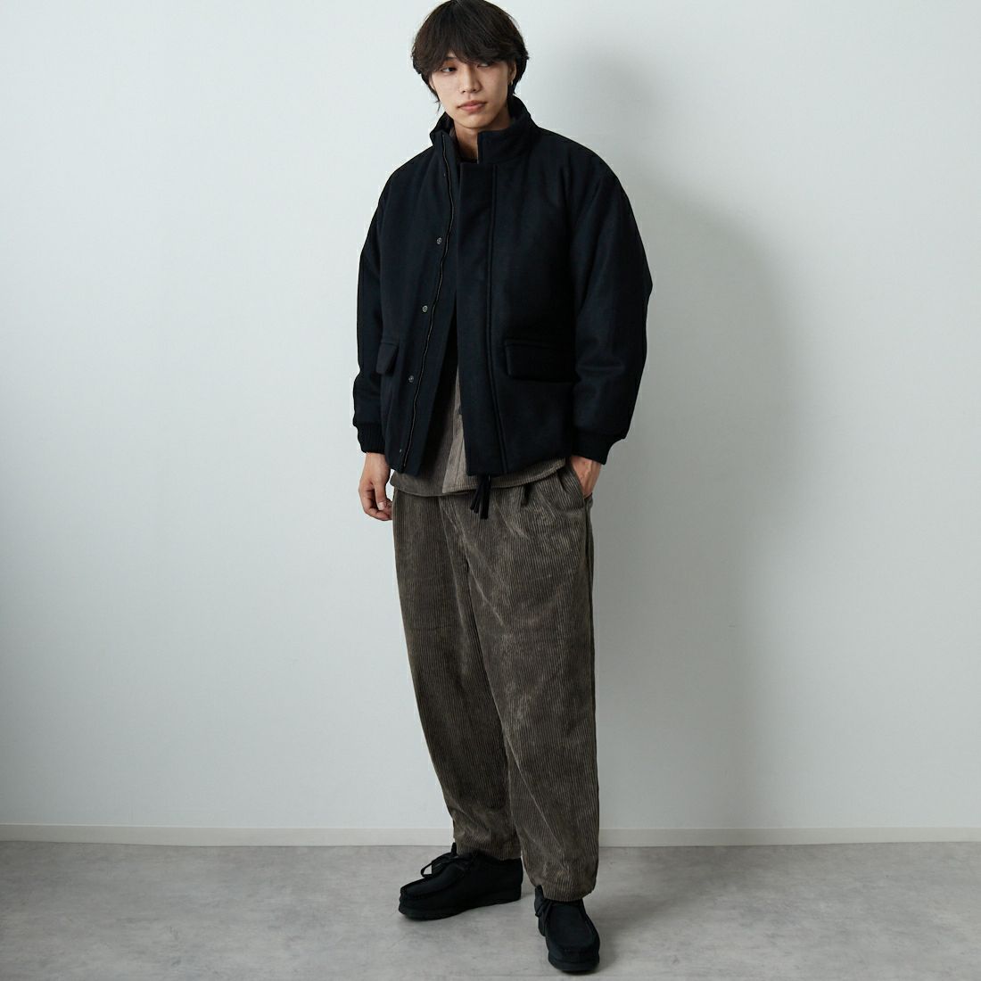 STILL BY HAND [スティルバイハンド] パデッドウールブルゾン [BL07253] BLACK &&モデル身長：179cm 着用サイズ：46&&